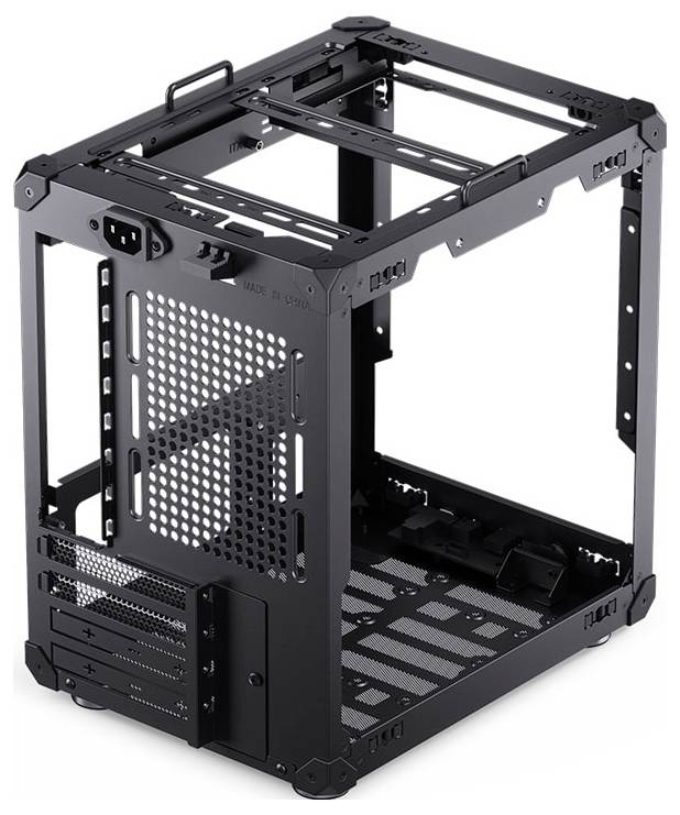 Ein schwarzer Computer-Gehäuserahmen aus Metall, offenes Design mit sichtbaren Befestigungspunkten für Komponenten, der Luftzirkulation ermöglicht und anpassbare Layoutoptionen bietet.