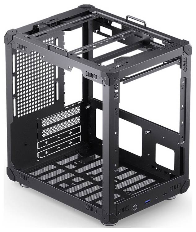 Ein schwarzes, offenes Stahlcomputergehäuse mit minimalistischem Design, ausgestattet mit mehreren Steckplätzen für Komponenten und ausreichenden Belüftungsöffnungen.