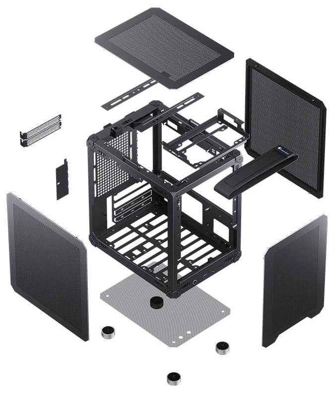 Explosionszeichnung eines Computergehäuses mit Komponenten wie Seitenteilen, Rahmen und Anschlüssen, die die Montagestrukturen und Bauteile veranschaulicht.