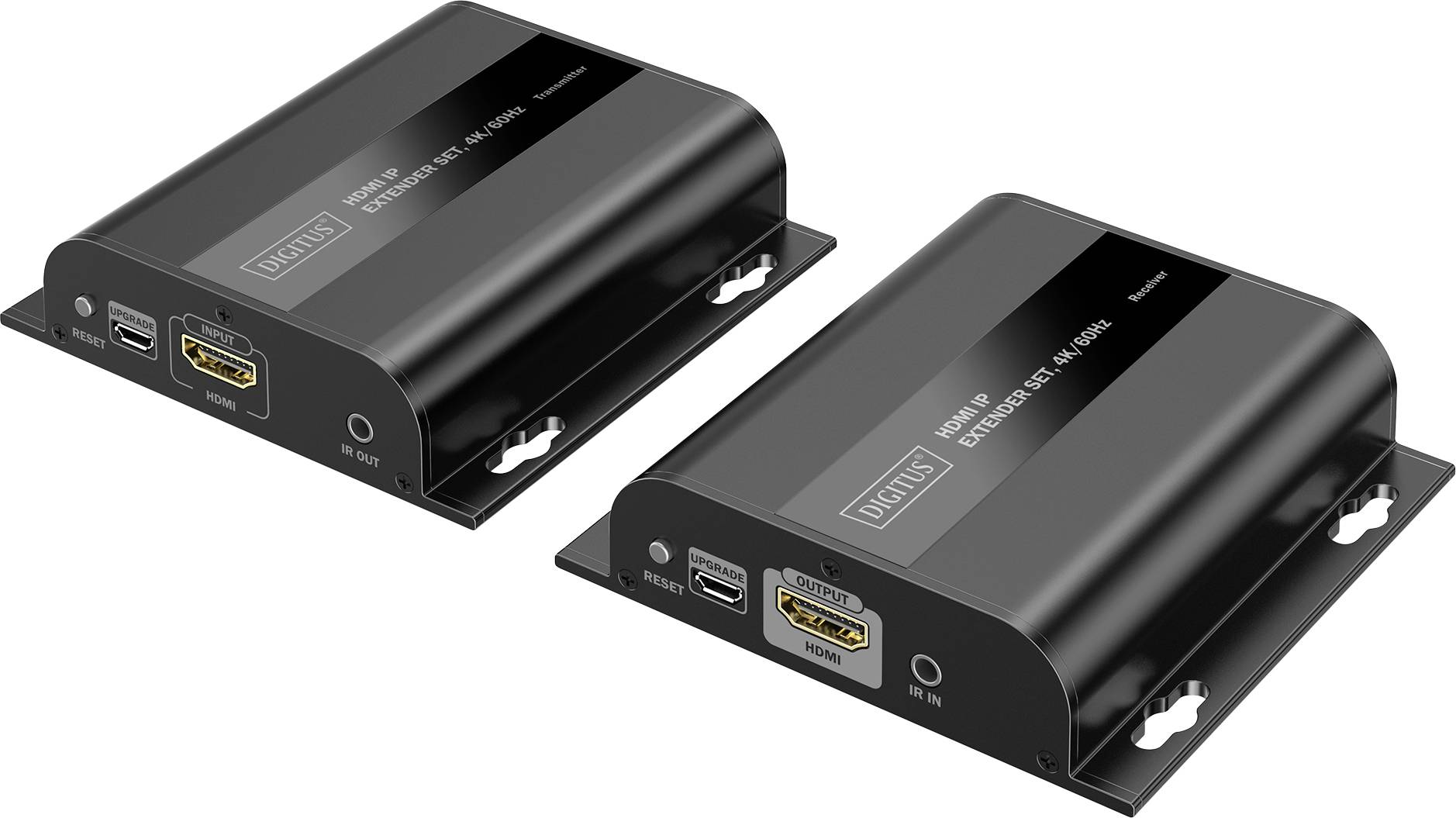 Zwei schwarze elektronische Geräte mit der Bezeichnung 'DIGITUS' sind abgebildet. Beide verfügen über HDMI- und USB-Anschlüsse und sind mit '4K HDMI Extender Set, 120 m/394 ft' beschriftet.