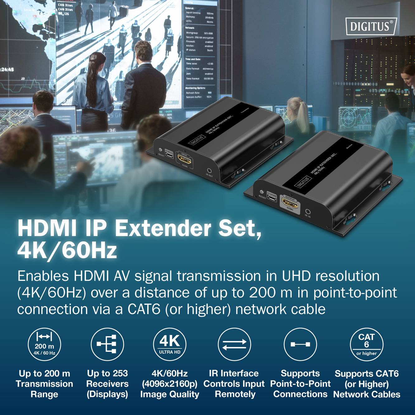Ein Werbebild für ein HDMI/IR Extender-Set mit Merkmalen: 4K/60Hz, Reichweite bis zu 200m, unterstützt bis zu 253 Displays, IR-Schnittstelleneingang.