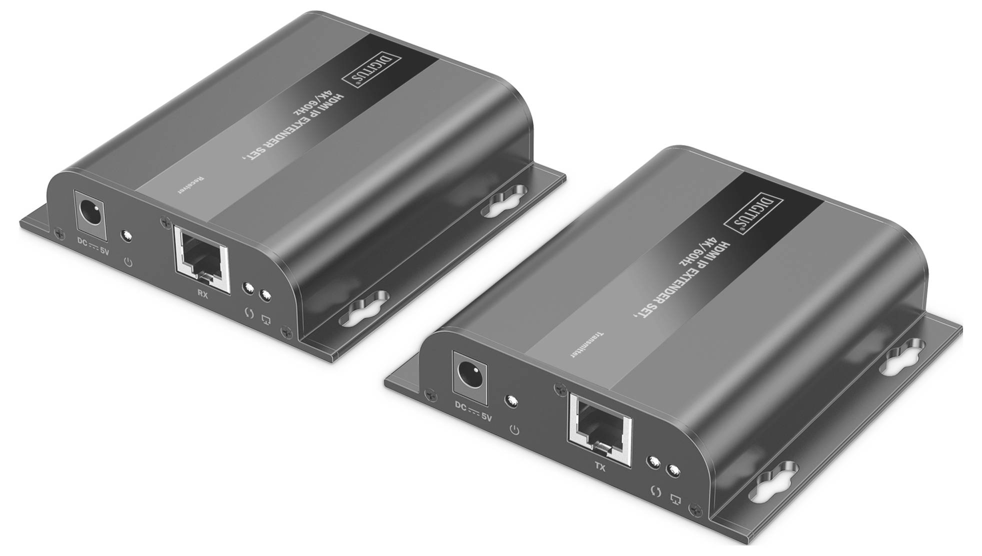 Zwei schwarze Netzwerk-Extender mit mehreren Anschlüssen. Jedes Gerät verfügt über Strom- und Ethernet-Ports. Nebeneinander auf einem weißen Hintergrund positioniert.