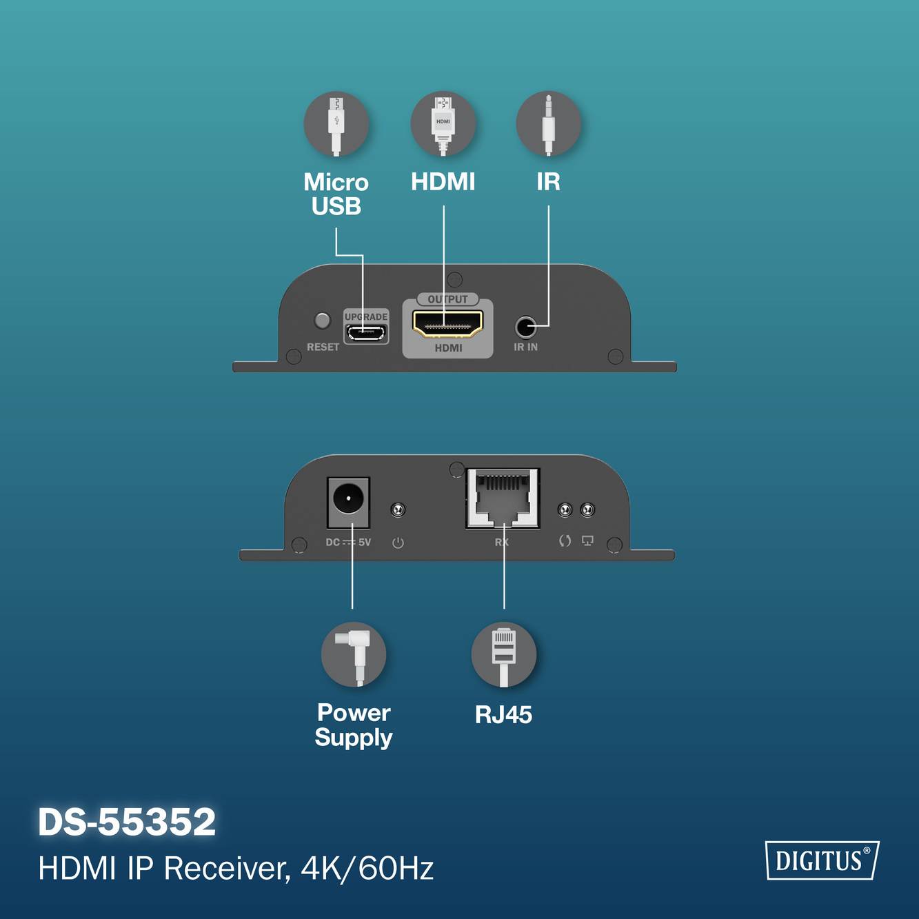 HDMI IP Receiver DS-55352 verfügt über Micro-USB-, HDMI- und IR-Anschlüsse an der Vorderseite sowie Netzteil und RJ45 an der Rückseite. Unterstützt 4K/60Hz.