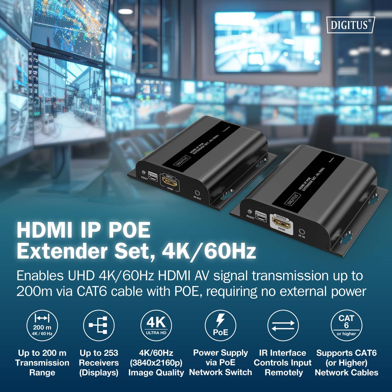 Zwei schwarze HDMI IP POE Extender-Geräte auf blauem Hintergrund, mit Text, der folgende Merkmale hervorhebt: 4K/60Hz-Unterstützung, Reichweite bis zu 200m, PoE-Stromversorgung.