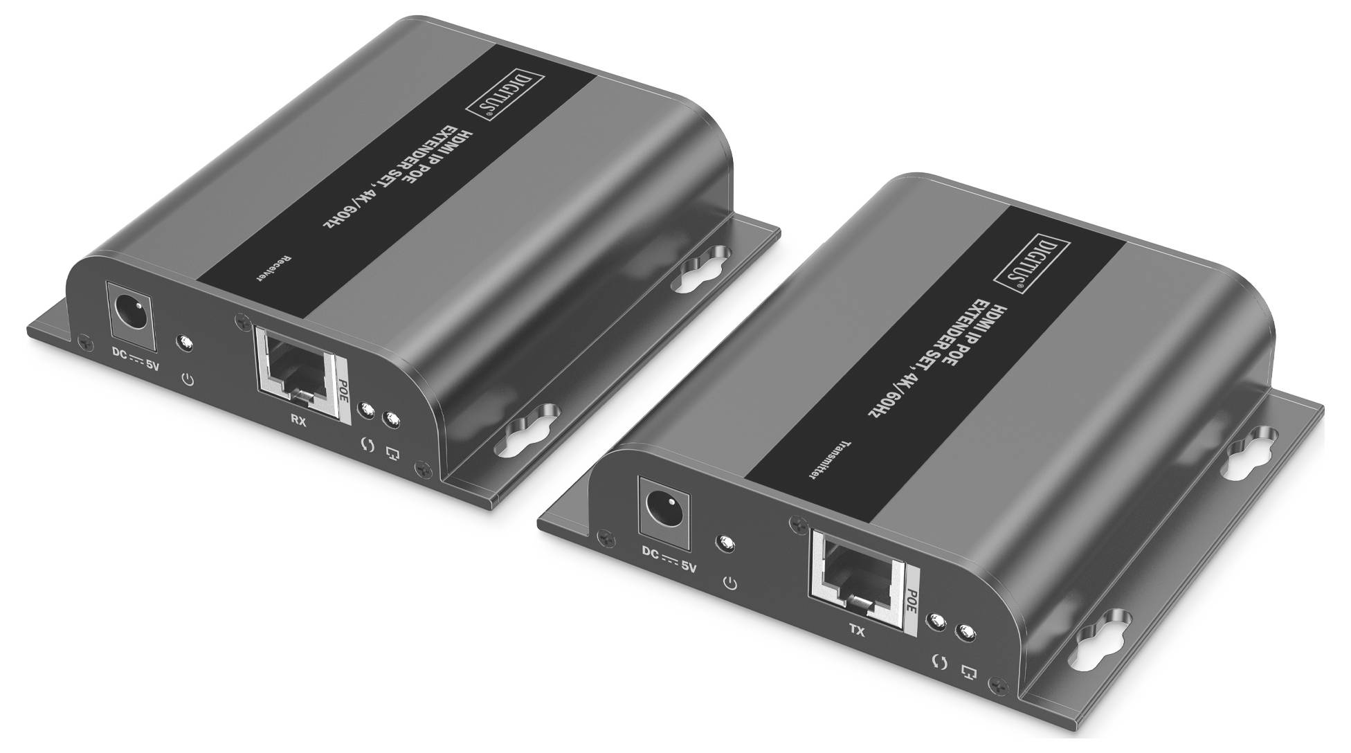 Zwei schwarze elektronische Geräte mit Ethernet-Anschlüssen, mit ‚T4' und ‚R4' beschriftet, die für die Signalübertragung konzipiert sind, nebeneinander platziert.