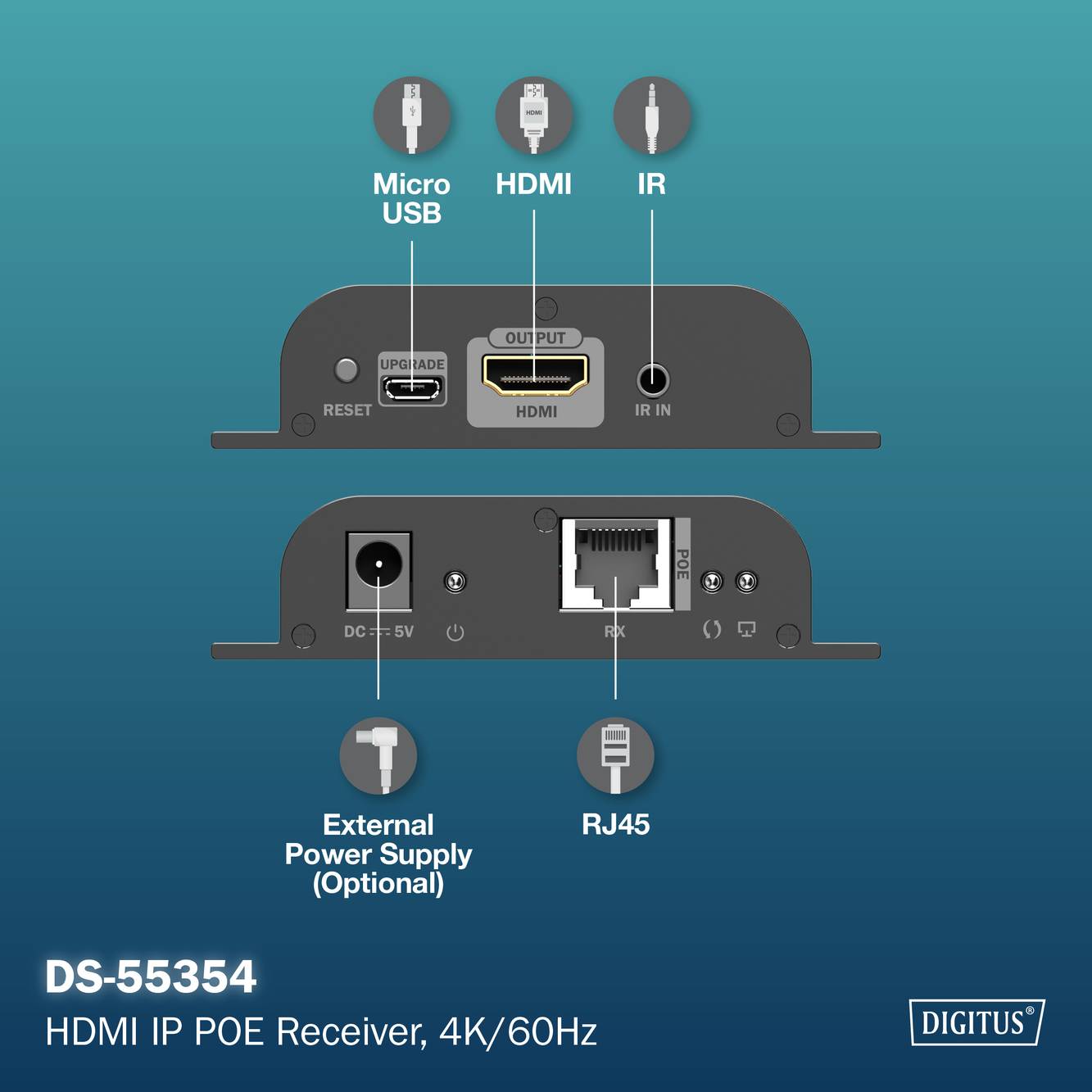 HDMI IP POE Empfänger, 4K/60Hz mit Anschlüssen: Micro USB, HDMI, IR, RJ45, Externes Netzteil (Optional). Modell: DS-55354 von Digitus.