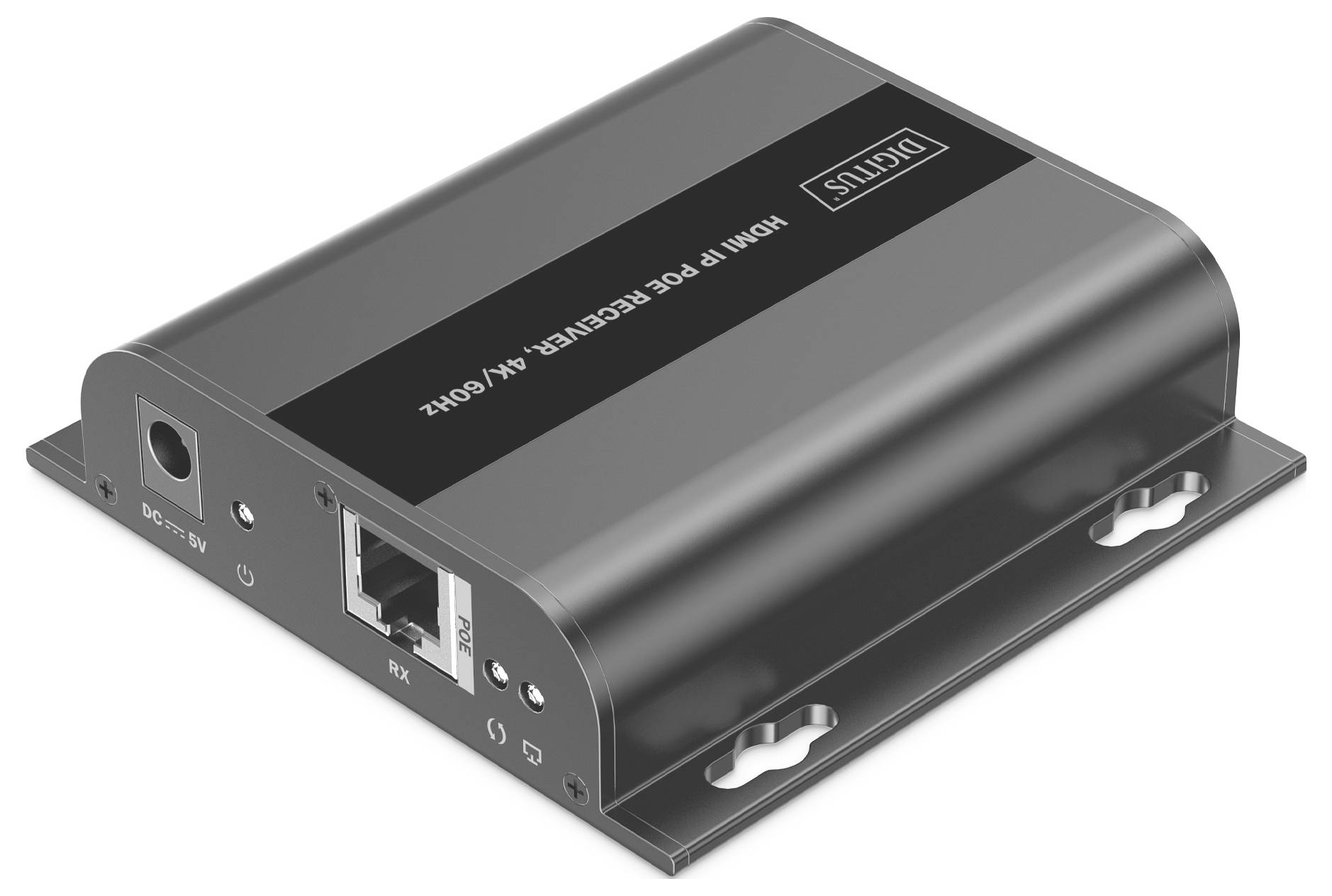 Ein schwarzes metallisches PoE-Empfangsgerät mit Anschlüssen für DC 5V und Ethernet, beschriftet mit ‚DIGITUS HDMI IP PoE RECEIVER 5V/1A 500Hz'.