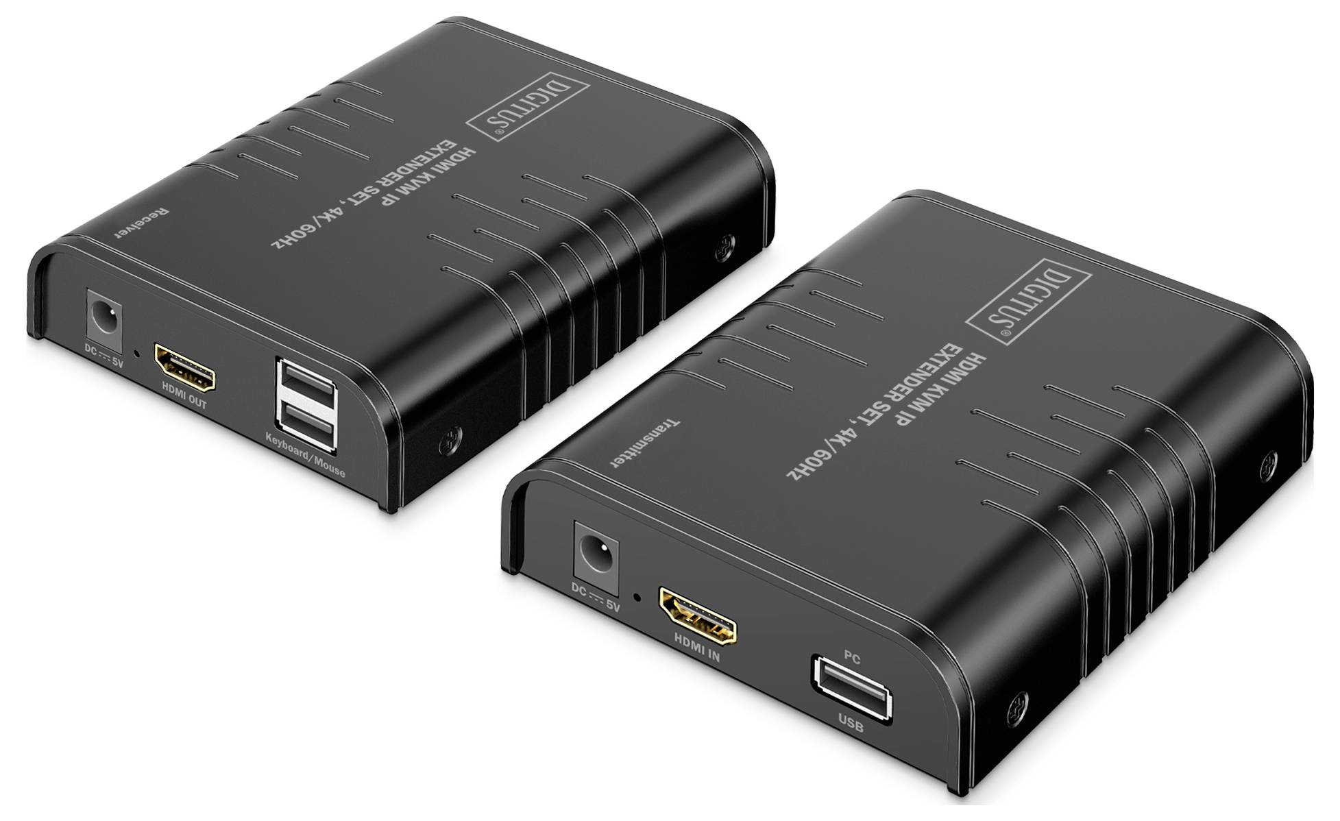 Zwei schwarze HDMI-zu-USB-C-Adapter mit mehreren Anschlüssen und geripptem Design, nebeneinander auf weißem Hintergrund positioniert.