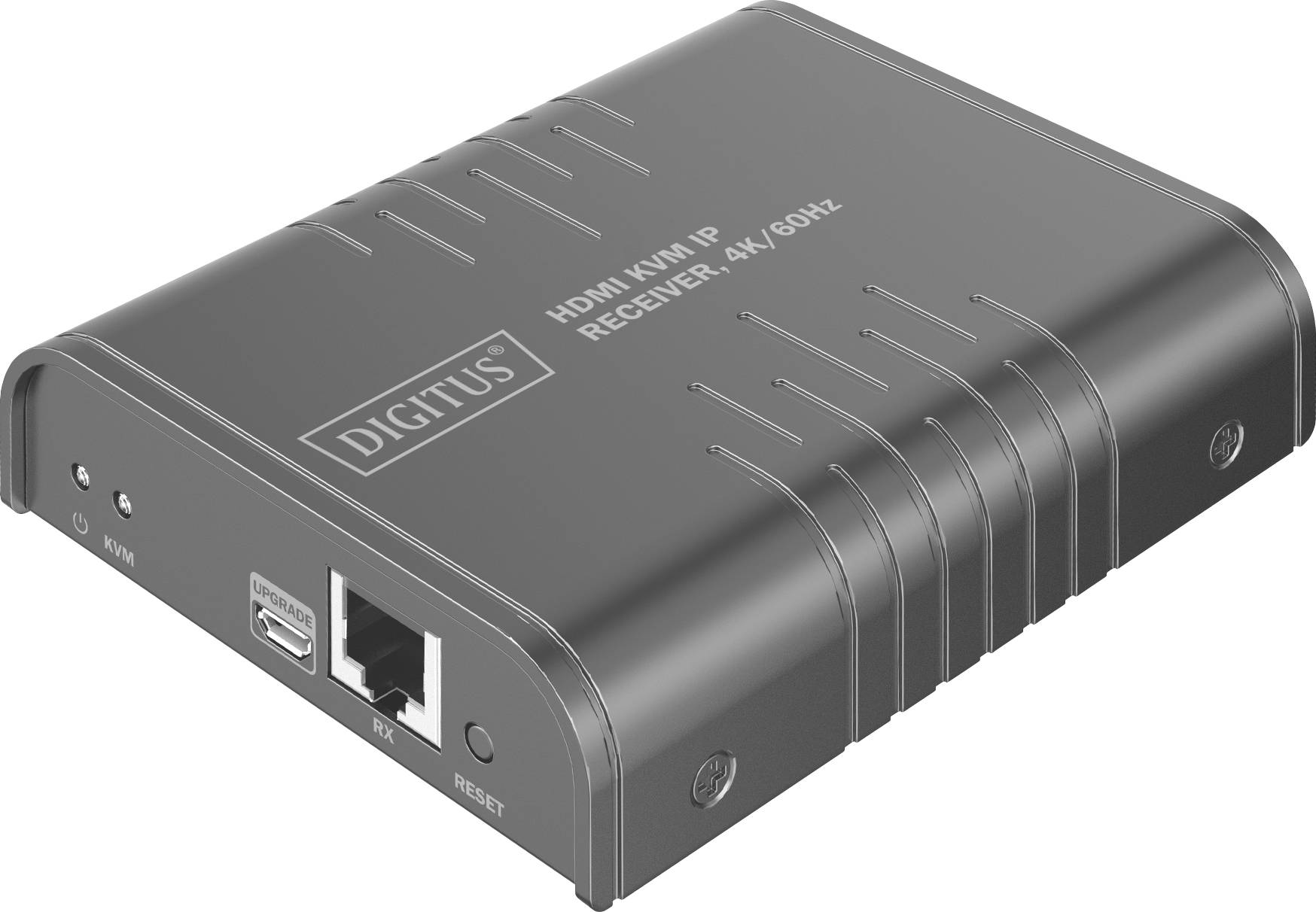 Ein schwarzer HDMI KVM IP Empfänger mit 'DIGITUS' Branding, ausgestattet mit HDMI-, USB- und Ethernet-Anschlüssen, konzipiert für 4K/60Hz-Konnektivität.