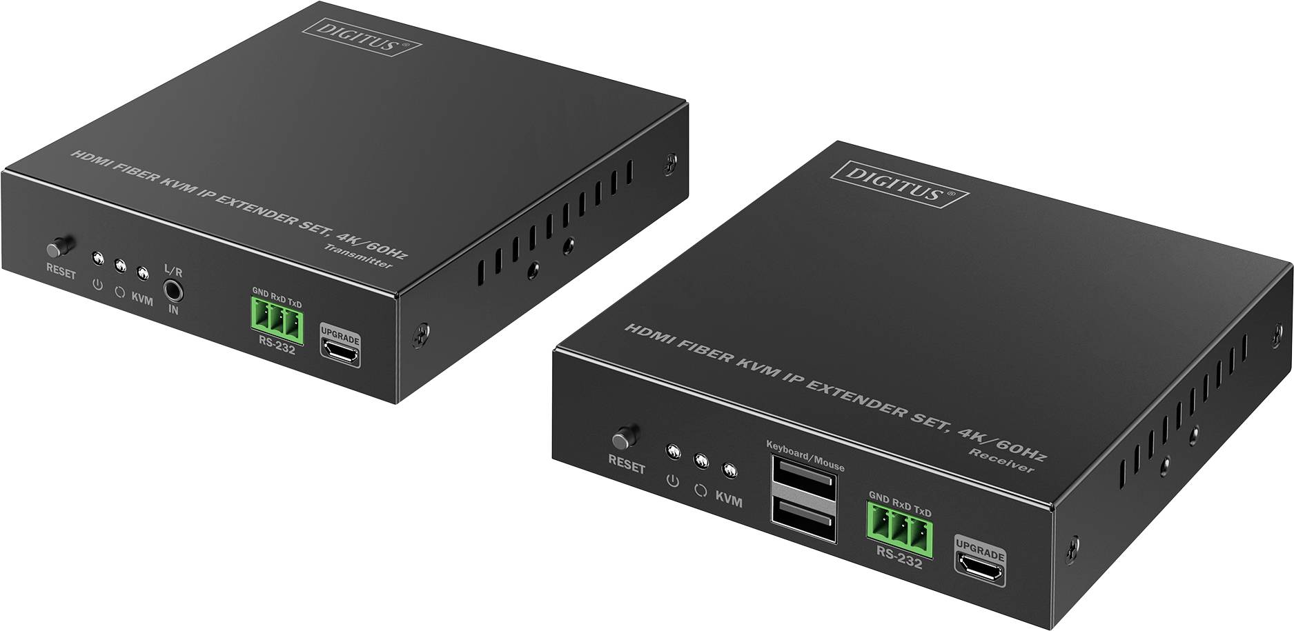 Zwei schwarze elektronische Geräte mit der Bezeichnung 'DIGITUS', ausgestattet mit Anschlüssen und Anzeigen, entwickelt zur Erweiterung von HDMI-Signalen über Glasfaser mit 4K-Unterstützung.