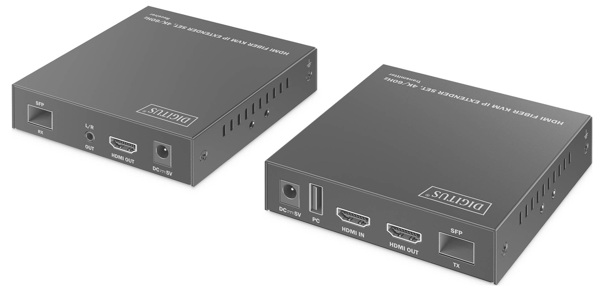 Zwei schwarze elektronische Geräte werden gezeigt. Ein Gerät hat HDMI-, USB- und LAN-Anschlüsse, die mit 