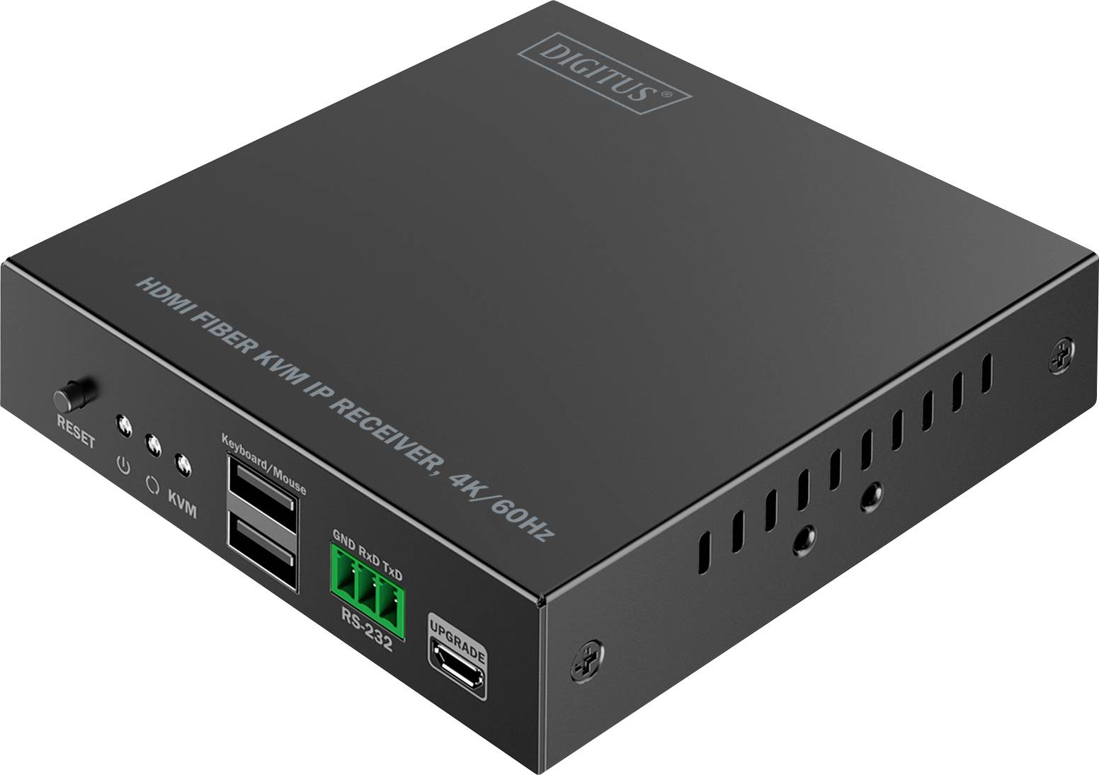 Ein schwarzer HDMI-Glasfaser-KVM-IP-Empfänger, der 4K 60Hz unterstützt, mit mehreren Anschlüssen für Konnektivität, einschließlich USB, RS-232 und Rücksetztaste.