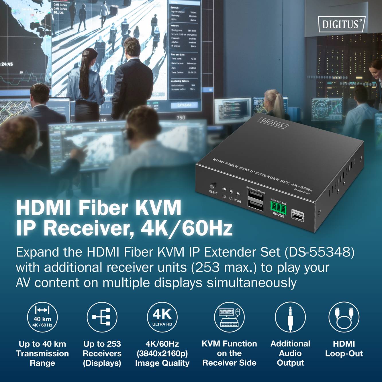 HDMI Fiber KVM IP Empfänger, 4K/60Hz. Eigenschaften: bis zu 40 km Übertragung, 4K/60Hz, Verbindung von bis zu 253 Displays, Audioausgang, KVM-Funktion.