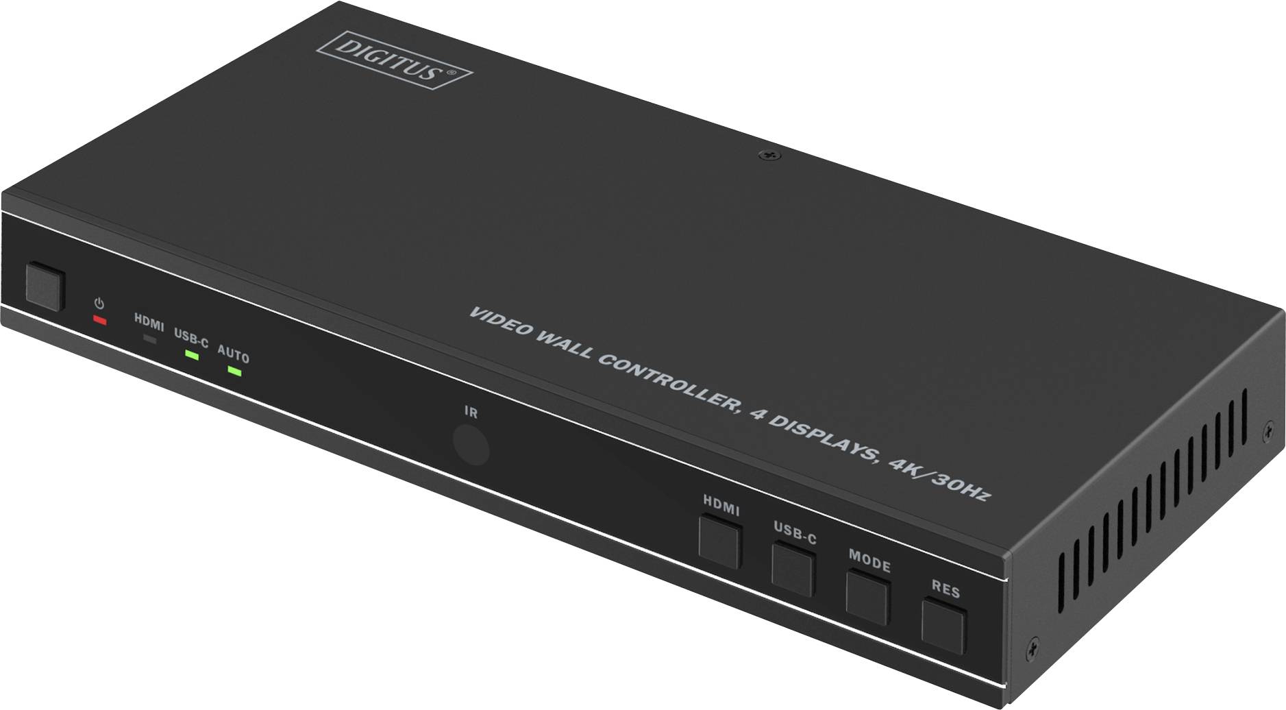 'Digitus' Videowand-Controller-Gerät mit Tasten für verschiedene Eingänge und Auflösungen, entwickelt für 4 Displays bei 4K 30Hz.