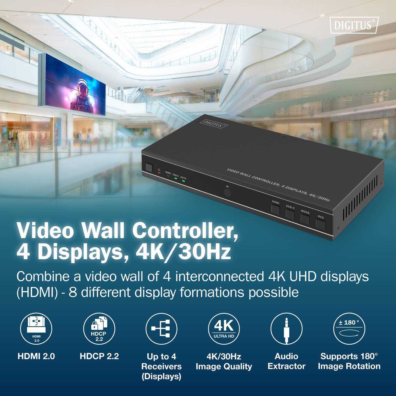 Videowand-Controller, der 4 miteinander verbundene 4K UHD-Displays ermöglicht. Merkmale umfassen HDMI, HDCP 2.2, 4K/30Hz Bilddarstellung, Audioextractor und 180° Bildrotation.