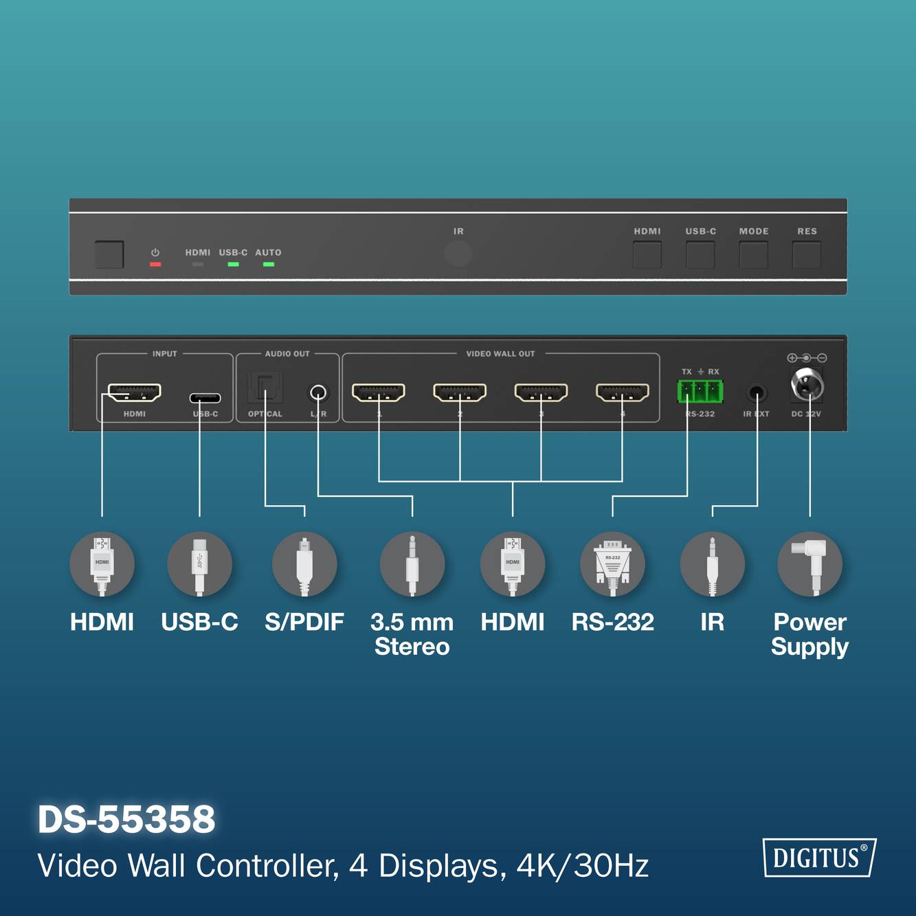 DS-55358 Videowand-Controller unterstützt 4 Displays mit Eingängen einschließlich HDMI, USB-C, S/PDIF und 3,5 mm Stereo. Ausgänge umfassen HDMI, RS-232, IR und eine Stromversorgung.
