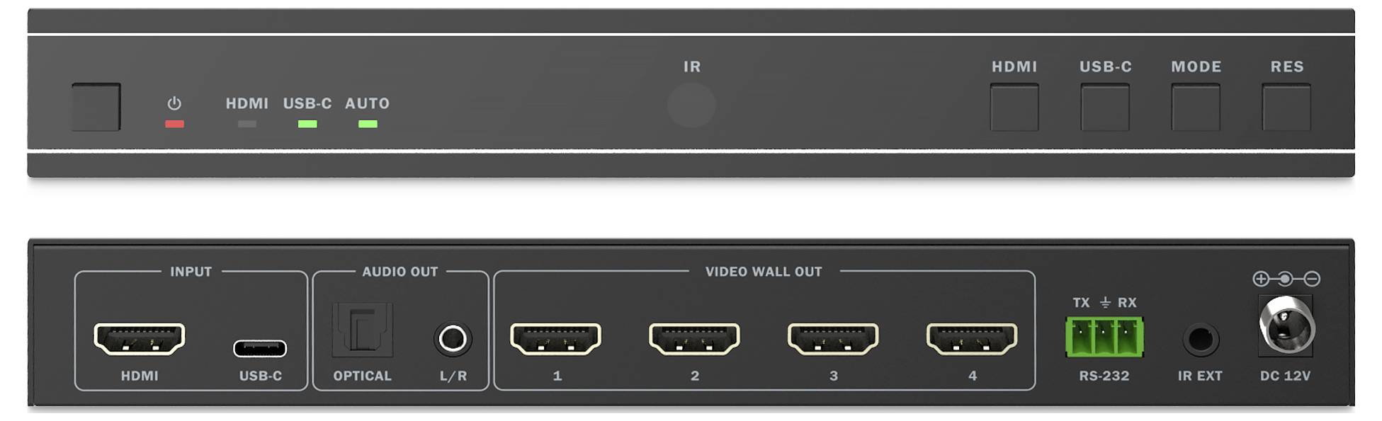 HDMI- und USB-C-Switch mit 'AUTO'-Modus, 'MODE'- und 'RES'-Tasten. Frontindikatoren; Anschlüsse auf der Rückseite umfassen HDMI, USB-C, Optisch, Audioausgang und RS-232.
