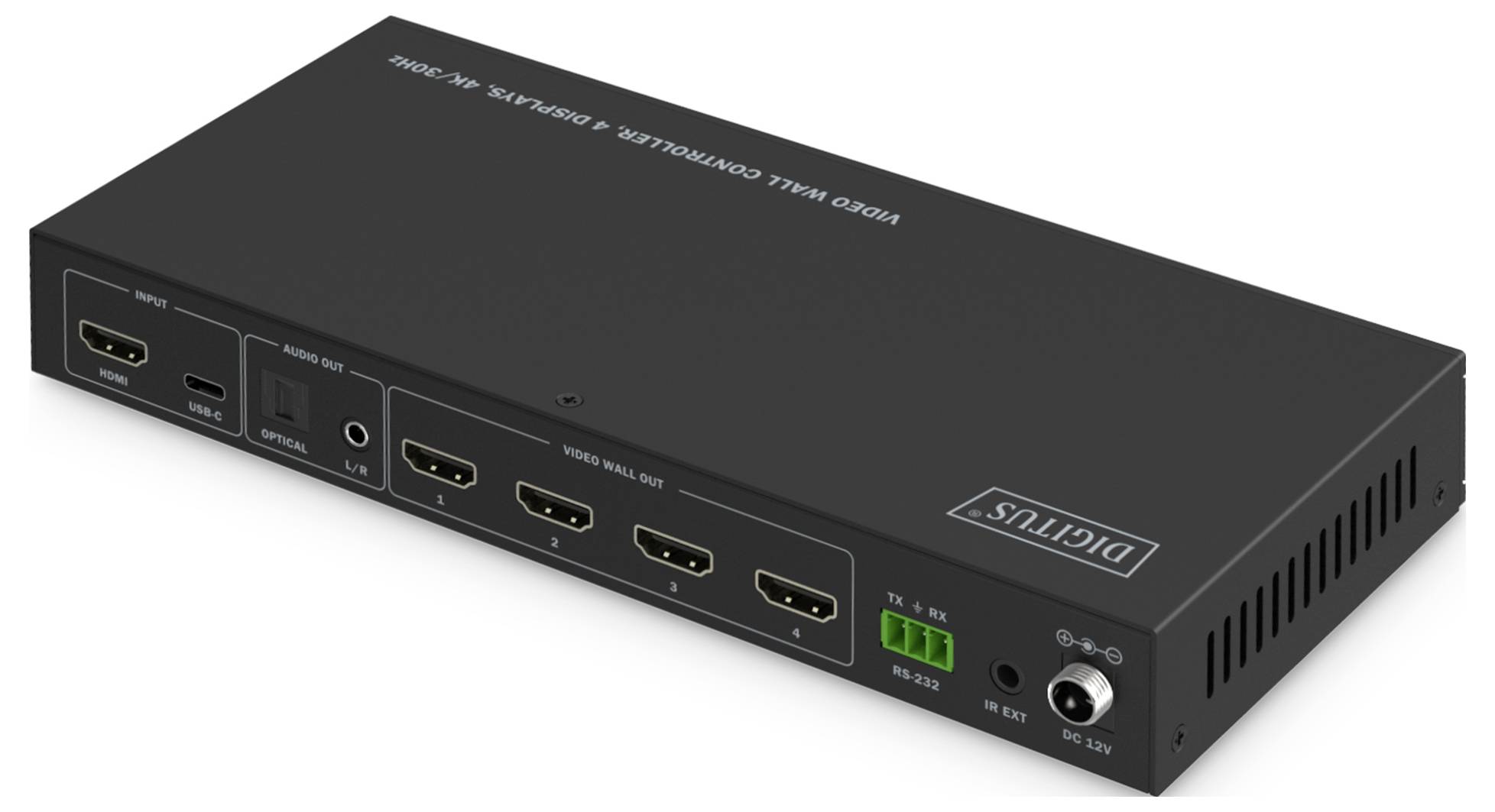 Ein schwarzer Video-Wall-Controller mit mehreren HDMI-Anschlüssen, beschriftet mit 'DigiTUS'. Unterstützt 4K-Video mit Strom- und Erweiterungsanschlüssen an der Seite.