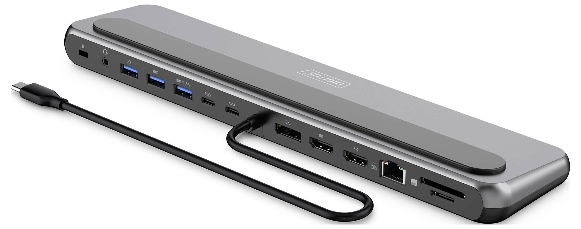 Eine elegante, metallische Multiport-Dockingstation mit USB-, Ethernet-, HDMI- und SD-Kartensteckplätzen, die über ein USB-C-Kabel angeschlossen wird.