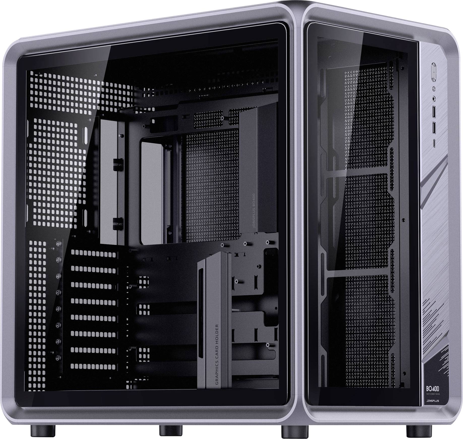 Ein schwarzes Computer-Gehäuse mit hohem Turm, einer transparenten Seitenscheibe, die interne Einbauschienen zeigt, sowie einer belüfteten Frontblende für die Kühlung.