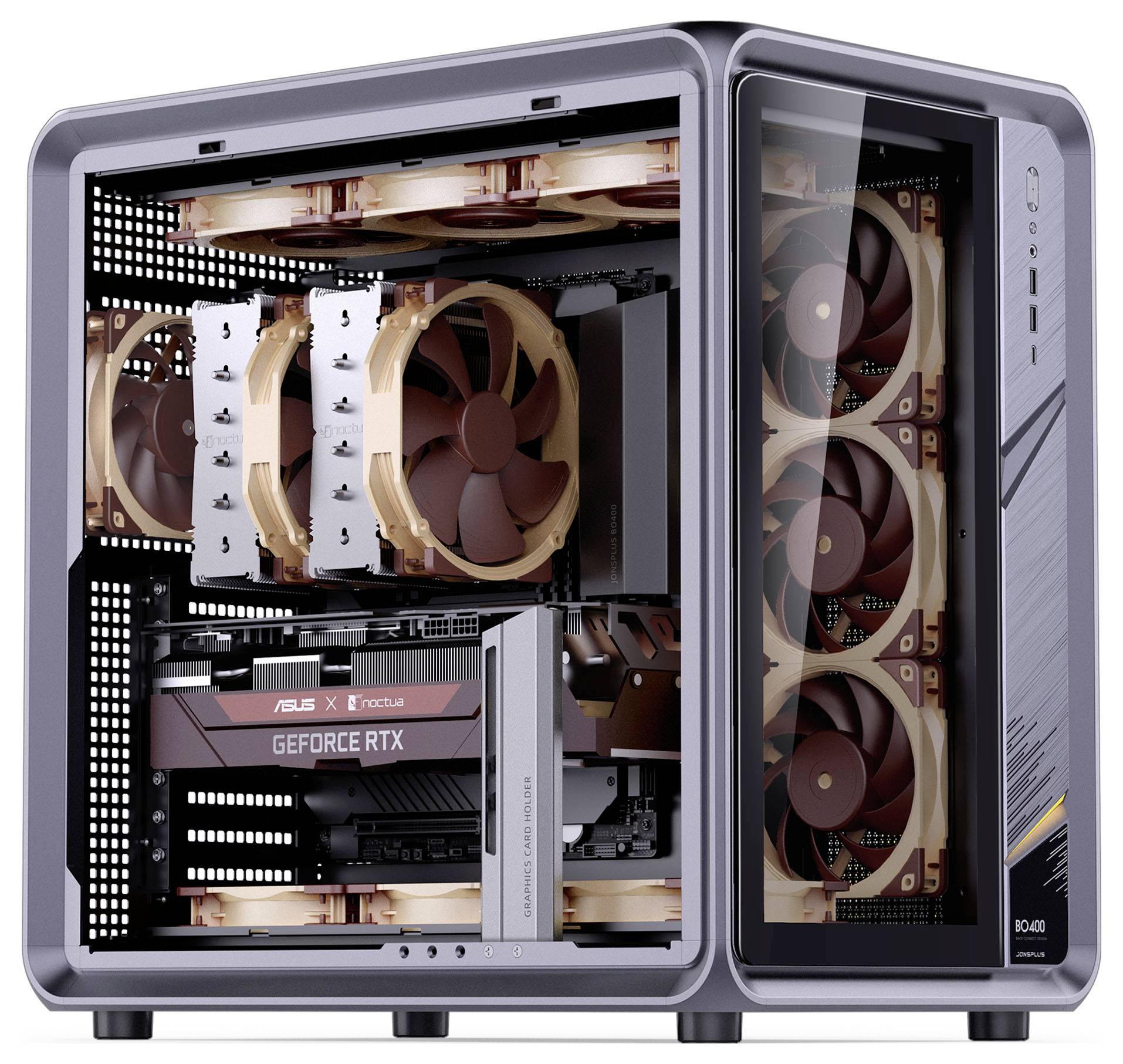 Eine transparente Seitenansicht eines Desktop-Computergehäuses, die Innenkomponenten zeigt, einschließlich Kühlventilatoren, Kühlkörpern und einer Grafikkarte.