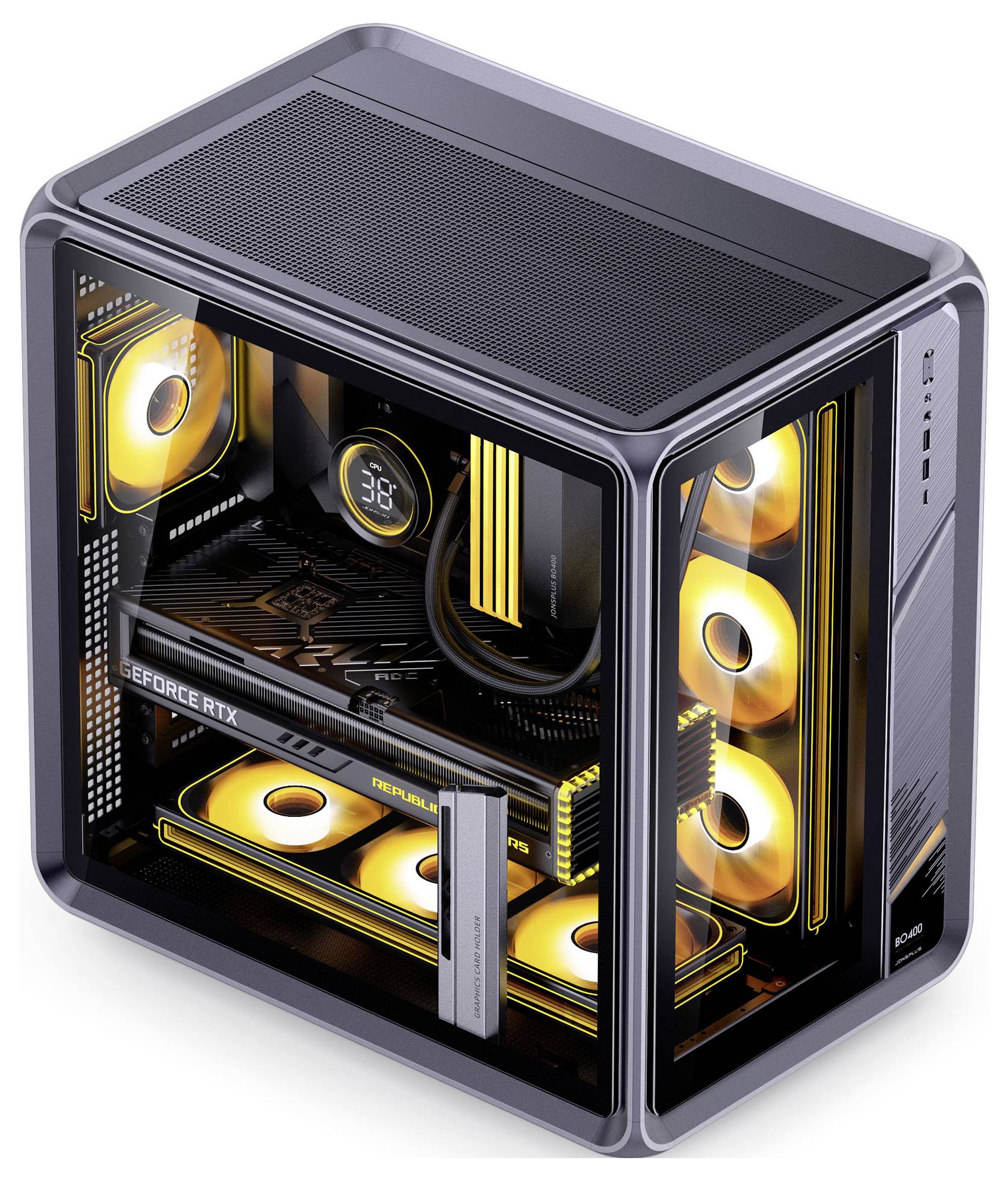 Ein Gaming-Computer mit transparentem Gehäuse, das die Komponenten sichtbar macht. Er verfügt über ein beleuchtetes Kühlsystem und eine GeForce RTX Grafikkarte.