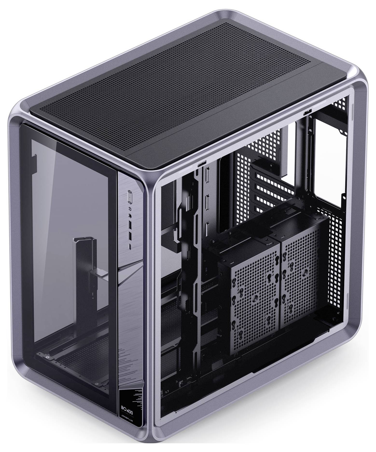 Ein schlankes, modernes Computergehäuse mit transparenten Seitenpanels und einem schwarzen Meshgewebe-Deckel, konzipiert zum Präsentieren der internen Komponenten.