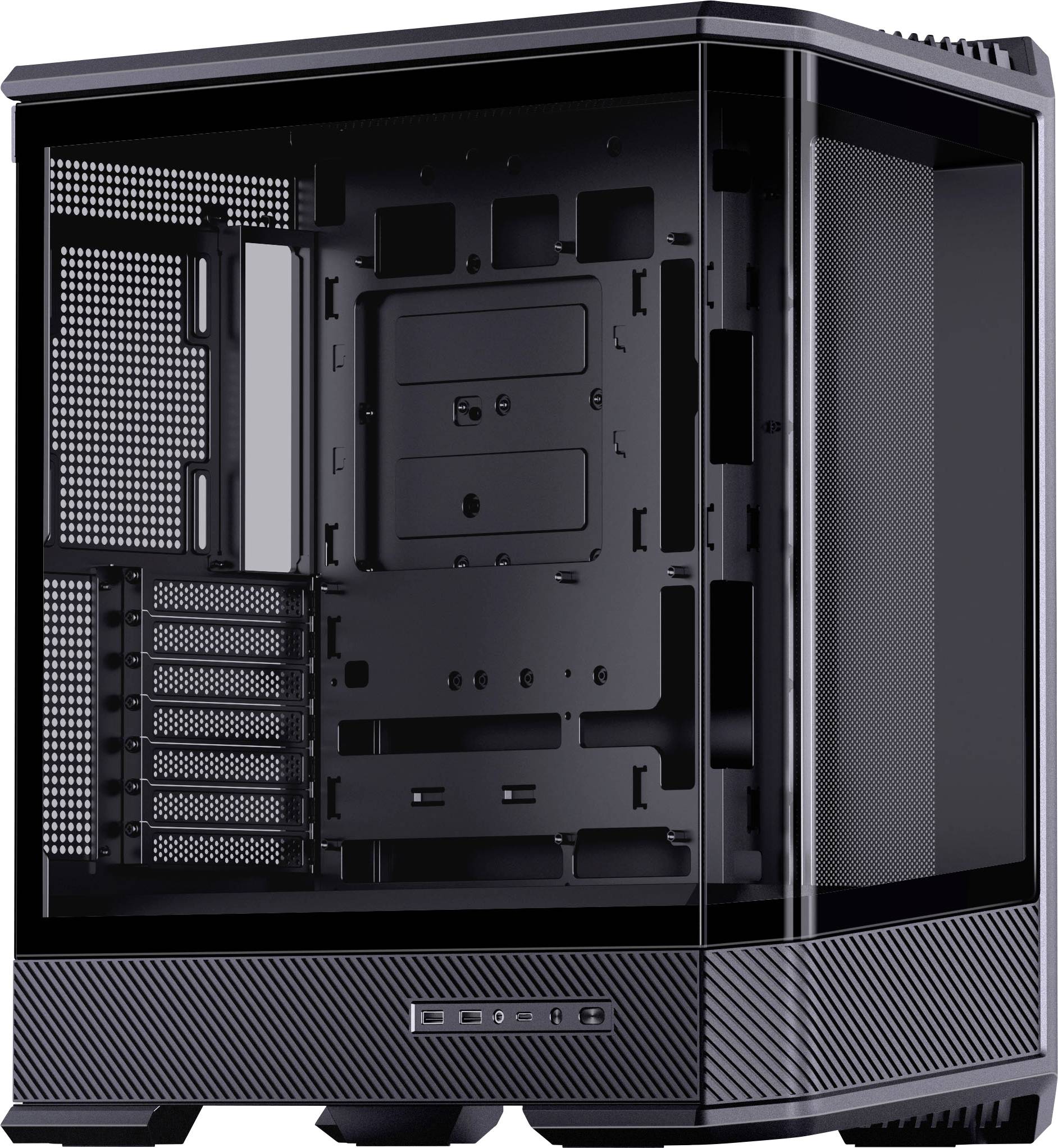 Ein schwarzes und transparentes Computergehäuse mit offener Seitenklappe, das mehrere Steckplätze und Montagemöglichkeiten für Hardwarekomponenten zeigt.