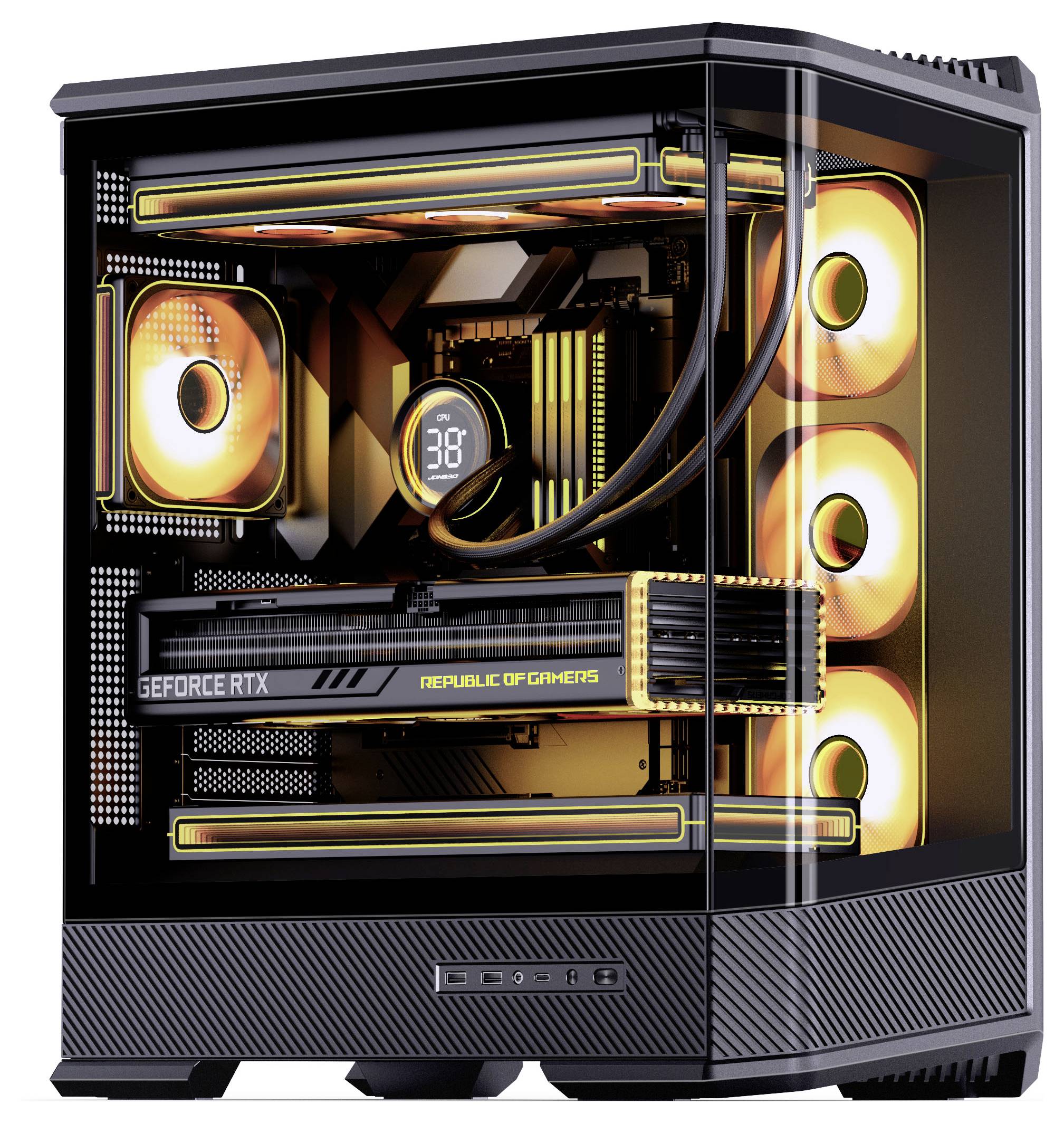 Ein schlanker, leistungsstarker Gaming-PC mit bunten LEDs, sichtbarem Kühlsystem und einer 'GeForce RTX' Grafikkarte in einem transparenten Gehäuse.