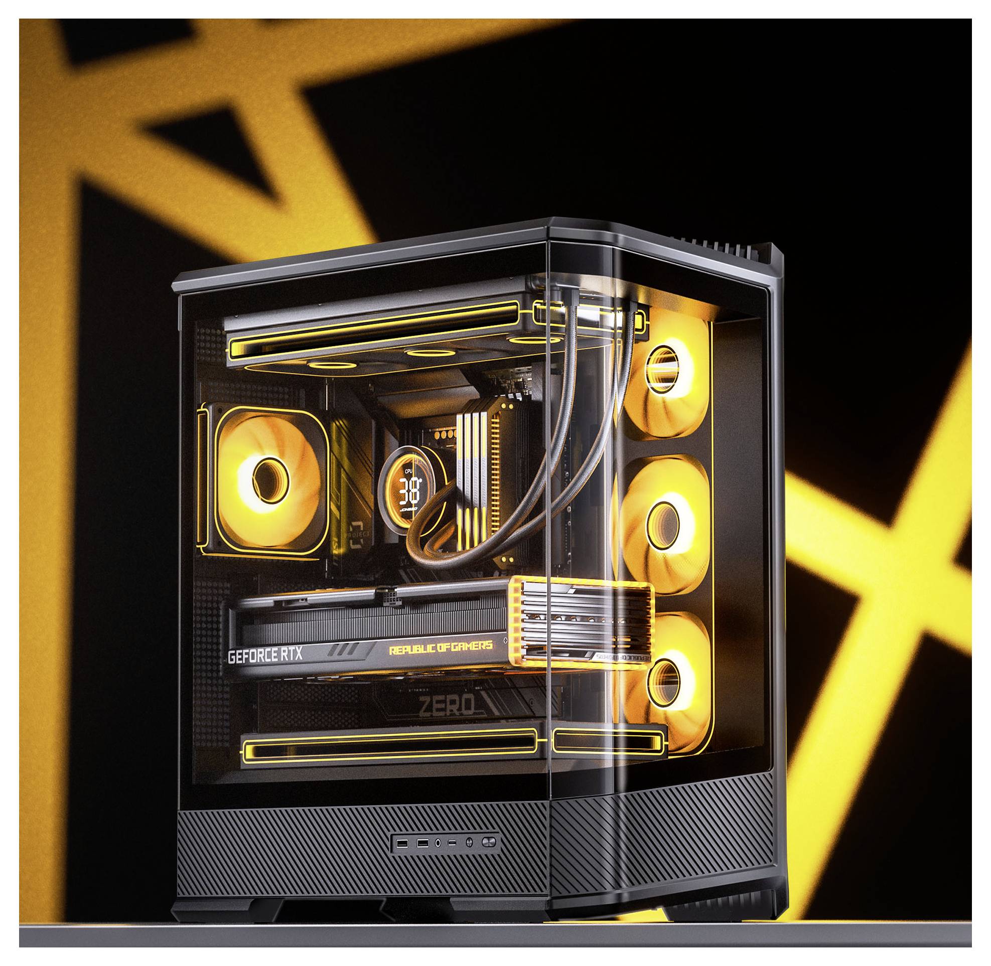 Ein High-Performance-Gaming-PC mit lebendigen orangefarbenen Beleuchtungen in einem transparenten Gehäuse, der Komponenten wie eine GeForce RTX-Grafikkarte zur Schau stellt.