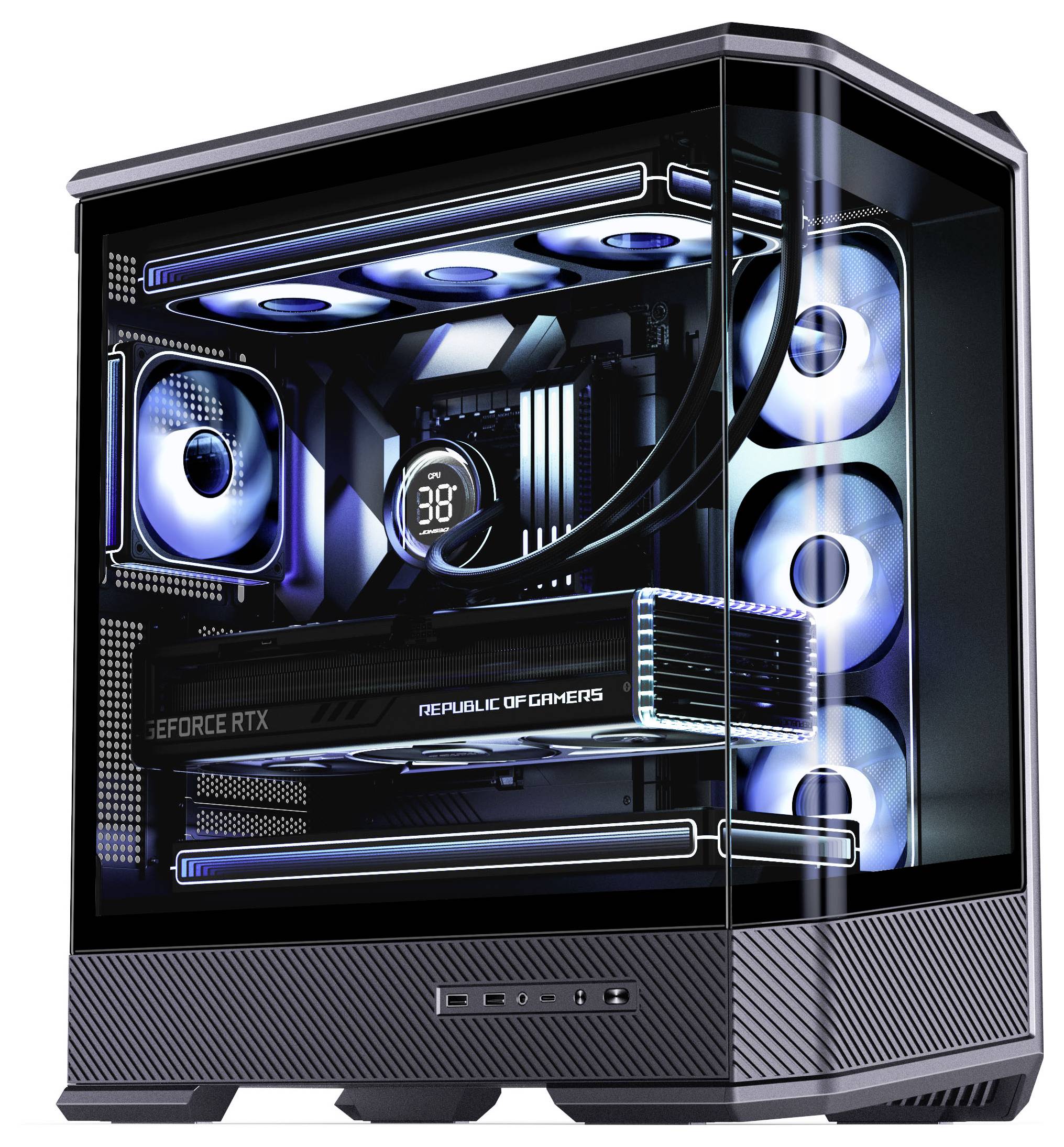 Ein schwarzer und silberner Gaming-PC mit einem transparenten Seitenpanel, das beleuchtete Komponenten und Lüfter zeigt, einschließlich einer NVIDIA GeForce RTX-Grafikkarte.