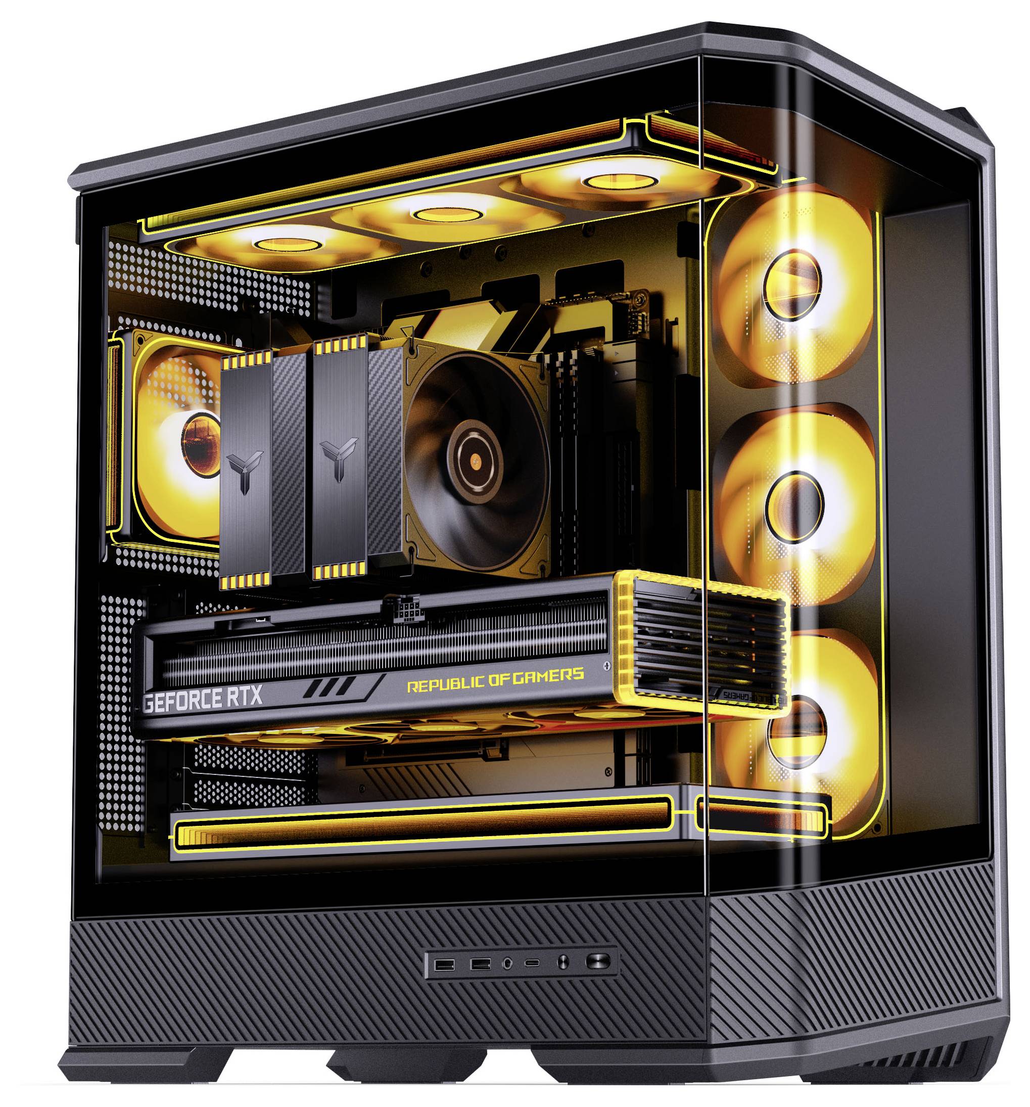 Ein Gaming-Computergehäuse mit beleuchteten Innenkomponenten, ausgestattet mit einer 'GeForce RTX' Grafikkarte und leuchtend gelber LED-Beleuchtung.