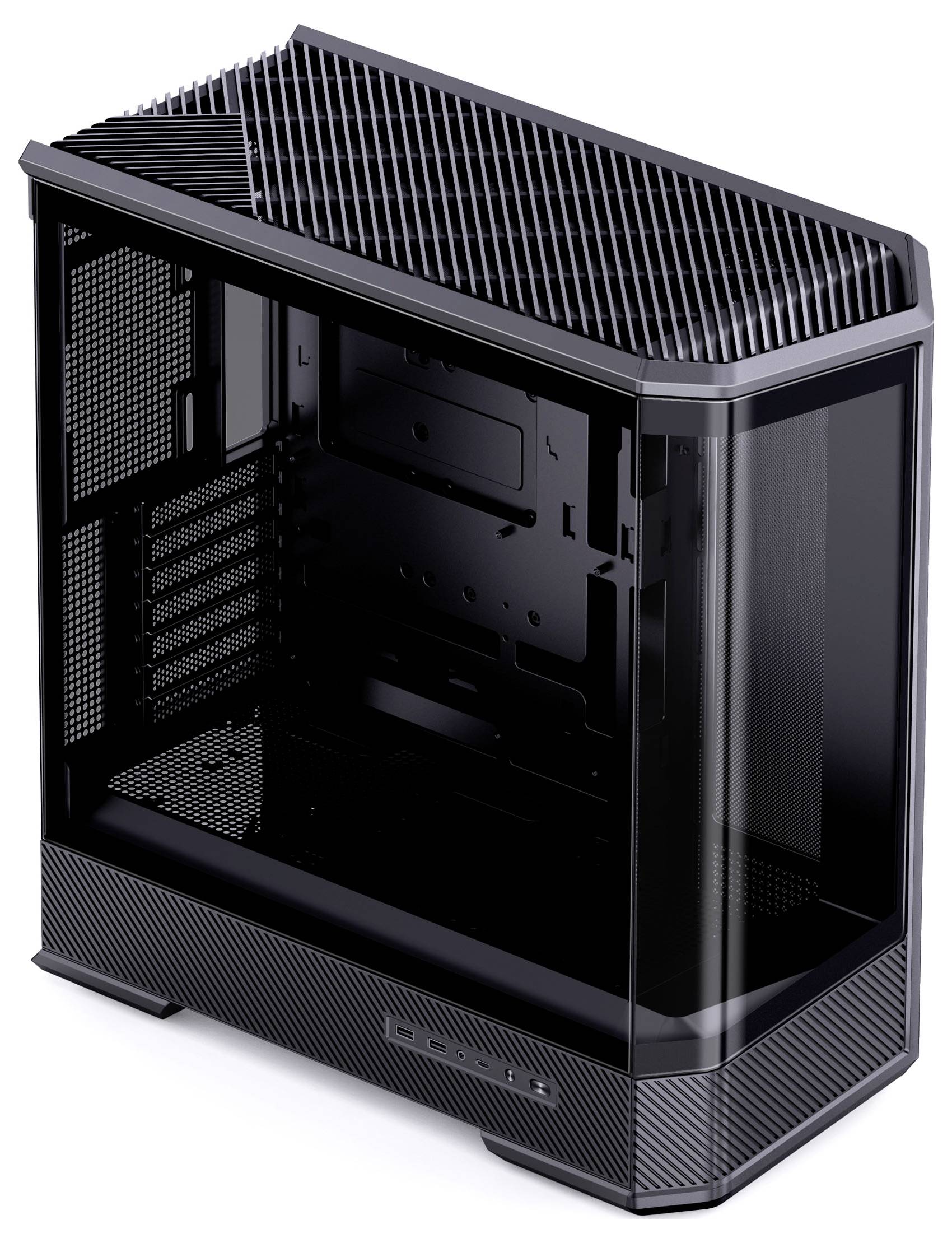 Ein schwarzes Computer-Tower-Gehäuse mit diagonaler Belüftung auf der Oberseite und transparenten Seitenpanels, das ein minimalistisches Design aufweist.