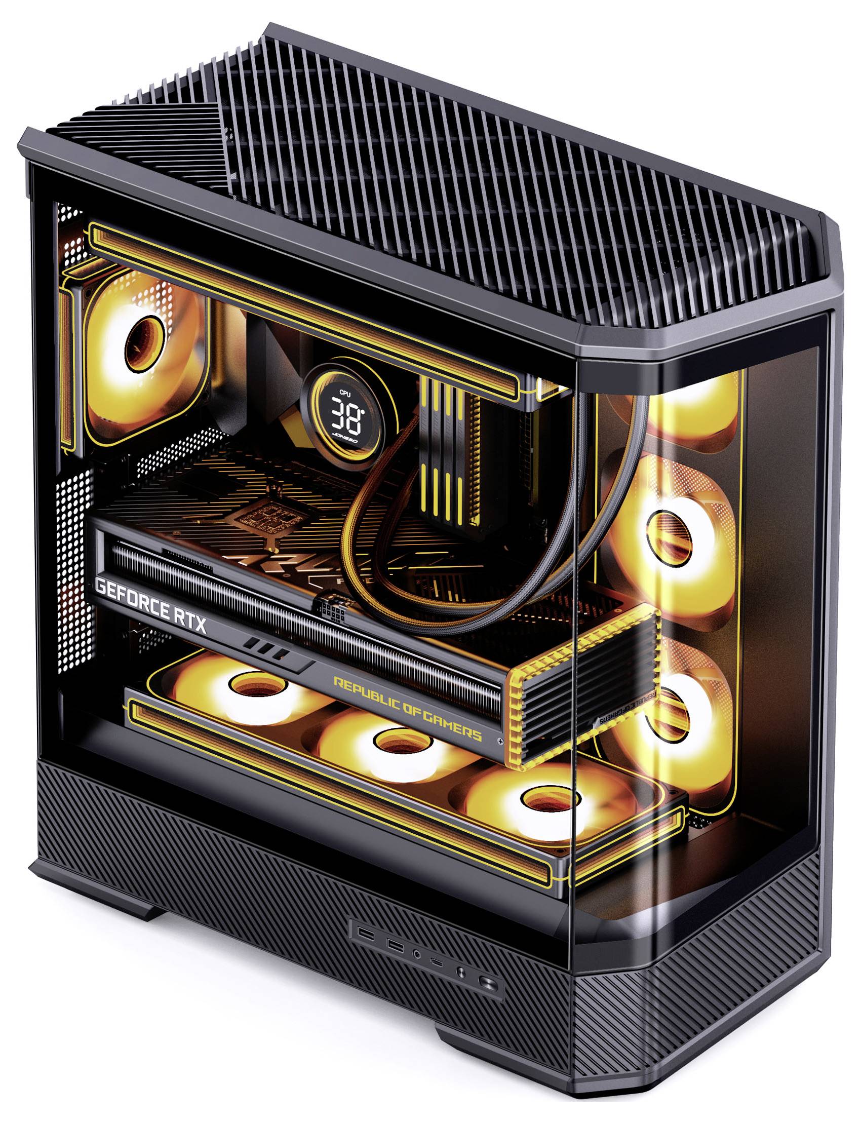 Ein High-Performance-Gaming-PC mit gelb beleuchteten Kühlventilatoren, 'GECUBE RTX' Grafikkarte und transparentem Seitenpanel, das das Innenleben präsentiert.