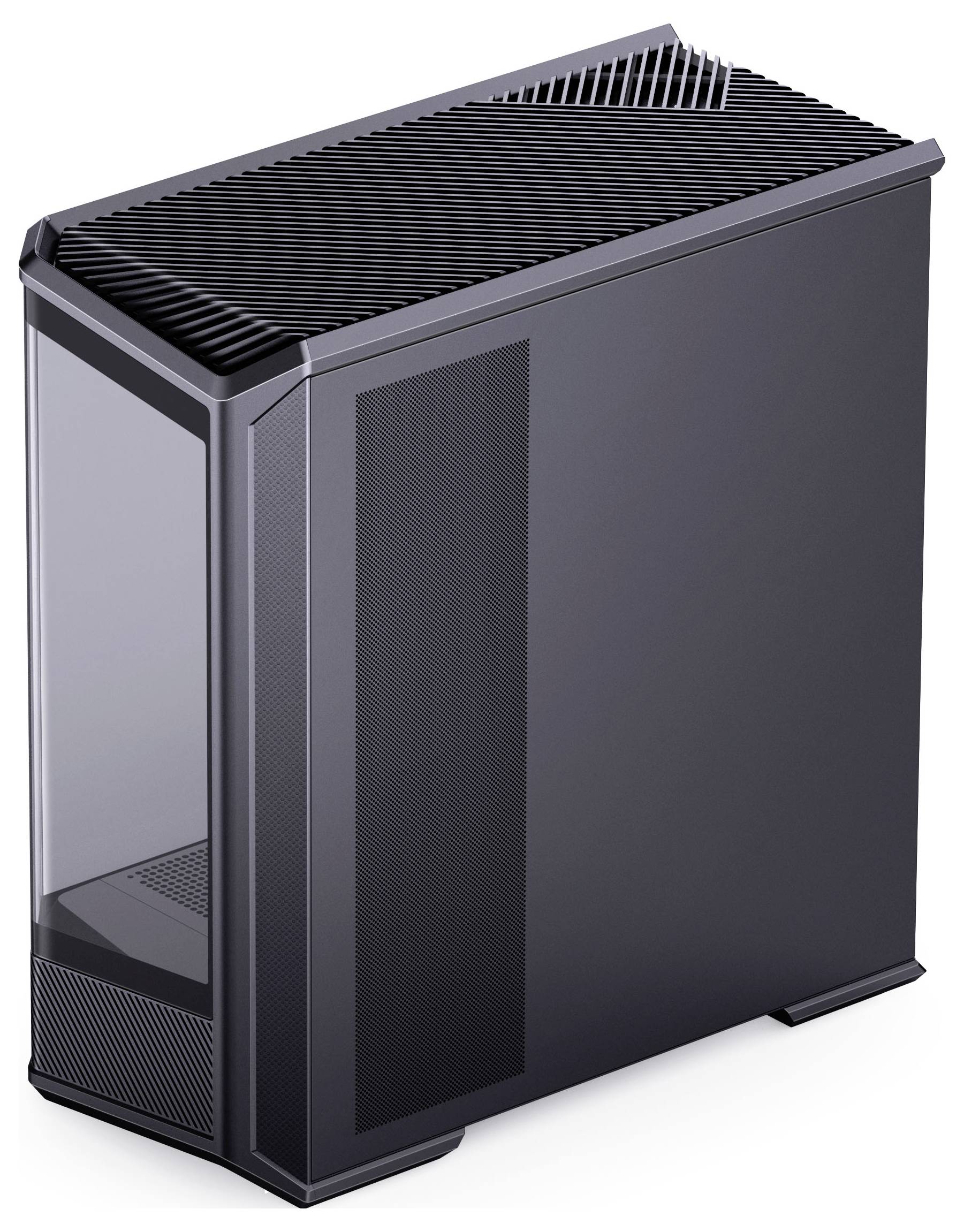 Ein schlanker, vertikaler schwarzer Computergehäuse mit Meshpaneelen zur Belüftung, der ein minimalistisches und modernes Design präsentiert.