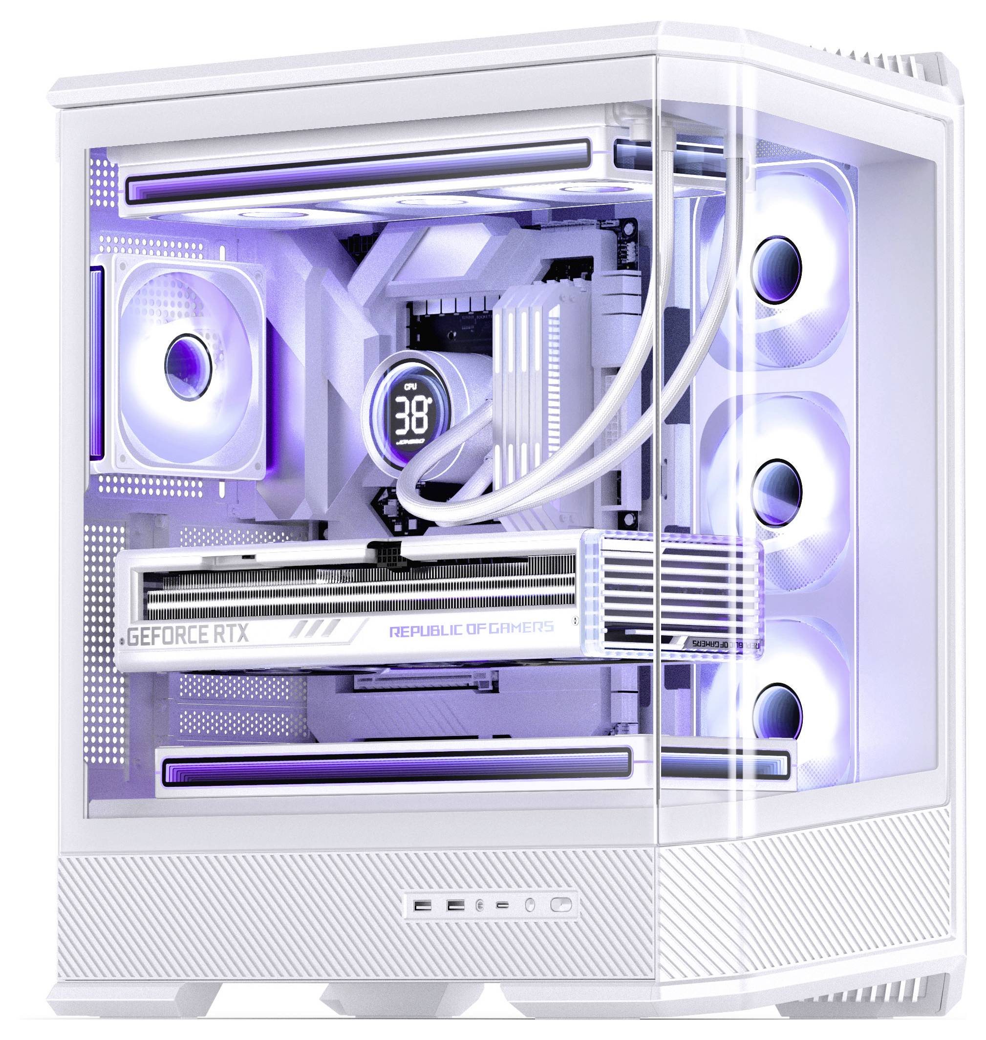 Ein weißer, kundenspezifisch zusammengebauter Gaming-PC mit RGB-Beleuchtung, ausgestattet mit mehreren Lüftern und einer sichtbaren Grafikkarte mit der Bezeichnung 'GEFORCE RTX'.