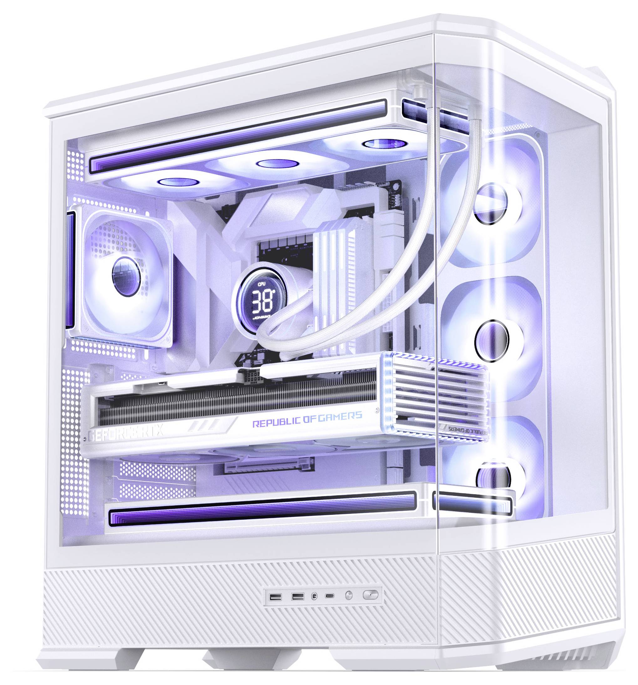 Ein weißer Computer-Tower mit transparenten Seitenflächen offenbart seine Innenkomponenten, einschließlich Lüfter und RGB-Beleuchtung in Blau- und Violetttönen.