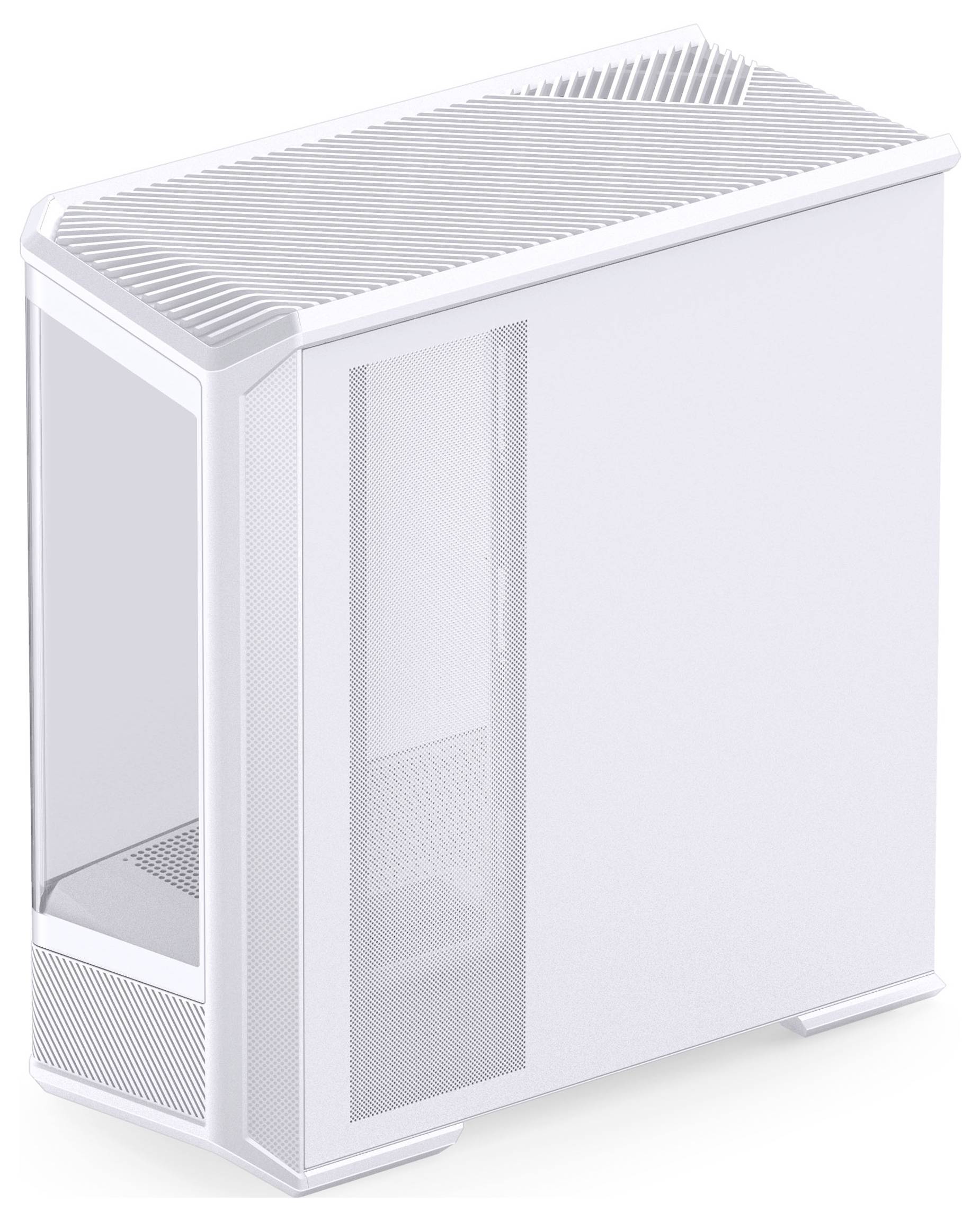 Ein schlankes weißes Computergehäuse mit transparentem Seitenfenster und vertikalen Lüftungsschlitzen auf der Oberseite, das ein minimalistisches, modernes Designkonzept präsentiert.