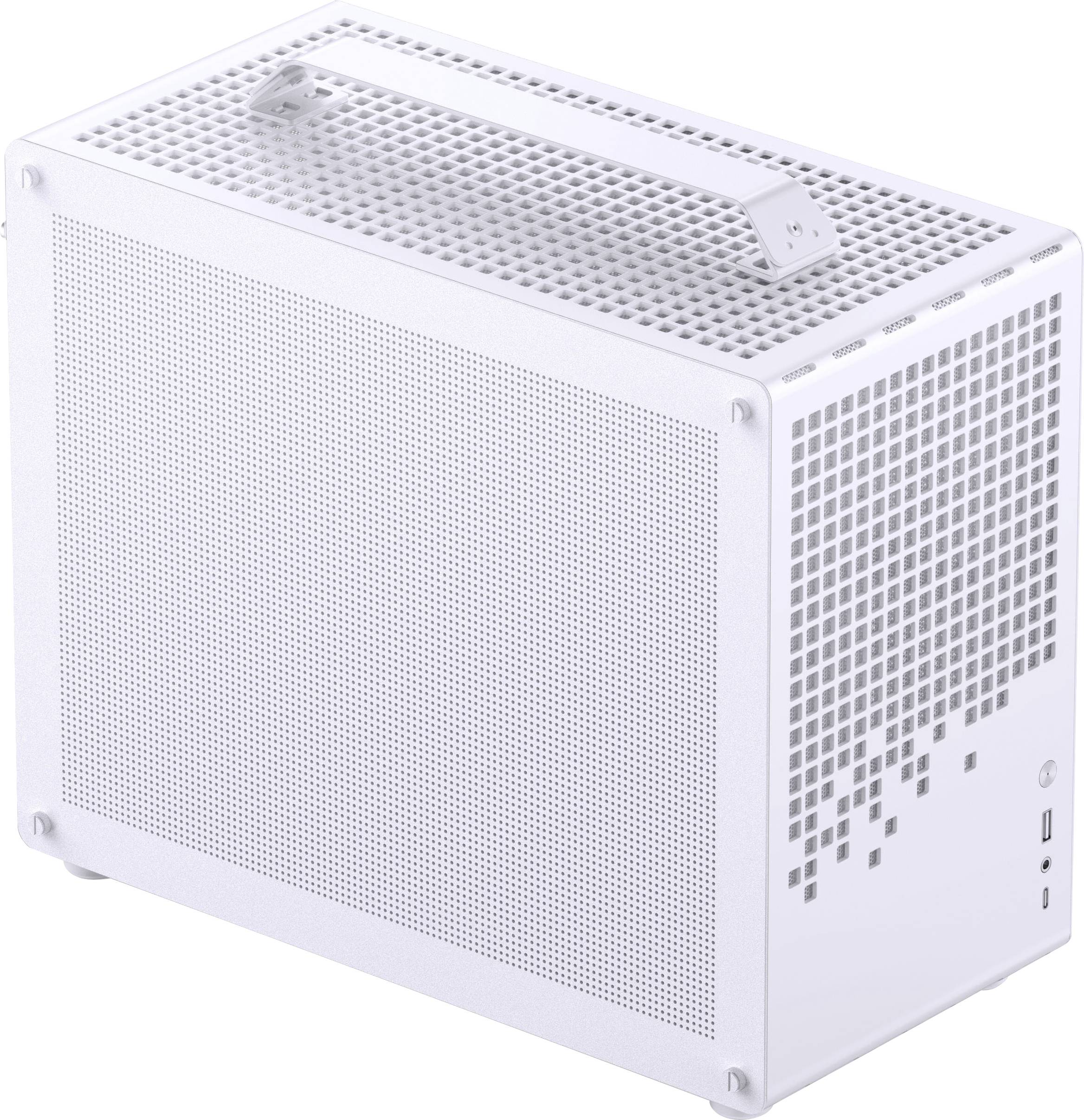 Ein kleiner, rechteckiger, weißer Computergehäuse mit gelochtem Design zur Belüftung und einem Tragegriff oben.