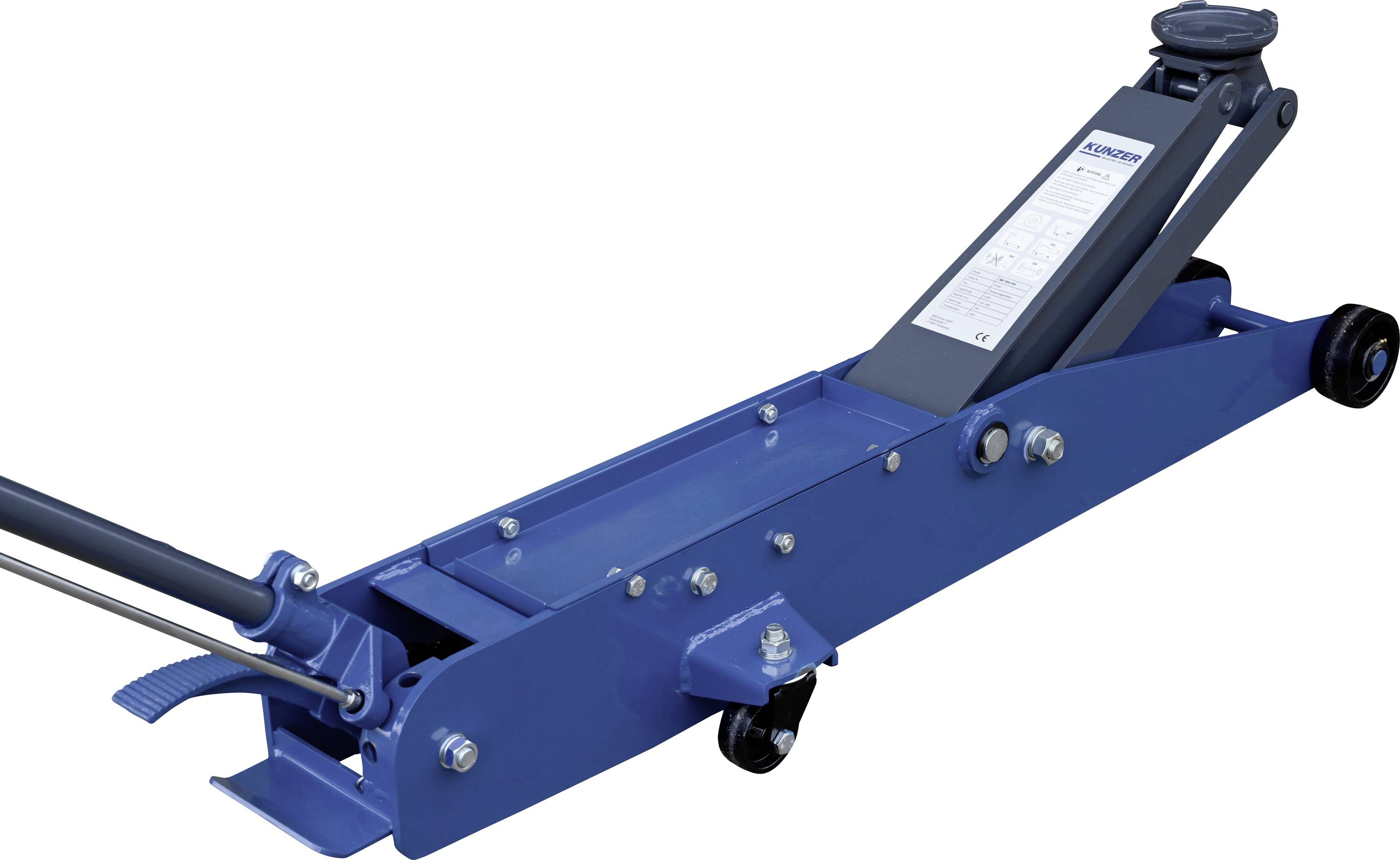 Ein blauer hydraulischer Bodenwagenheber mit einem langen Griff, entwickelt zum Anheben von Fahrzeugen, der vor einem weißen Hintergrund platziert ist.