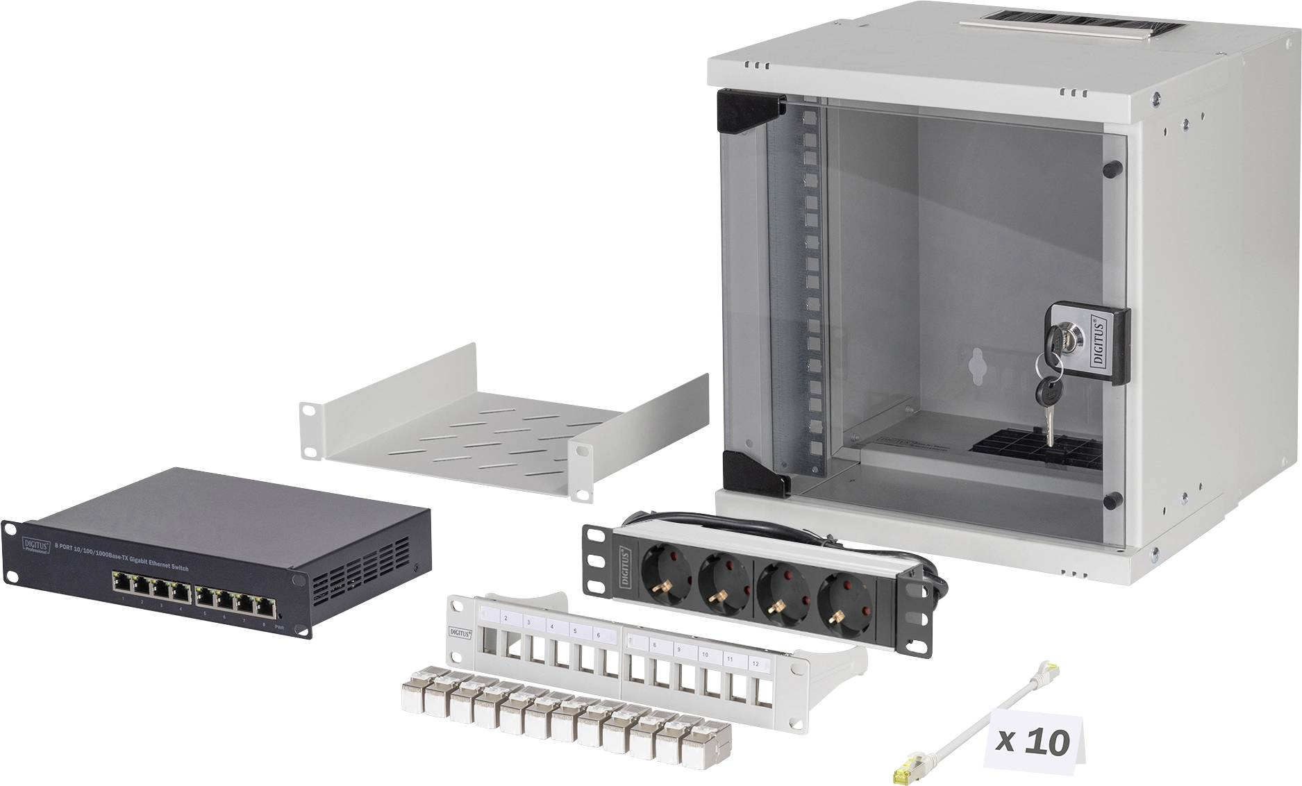 Netzwerkschrank-Einrichtung umfasst einen abschließbaren Schrank, Ethernet-Switch, Montageregale, Steckdosenleiste, Patchpanel und Kabelbinder.