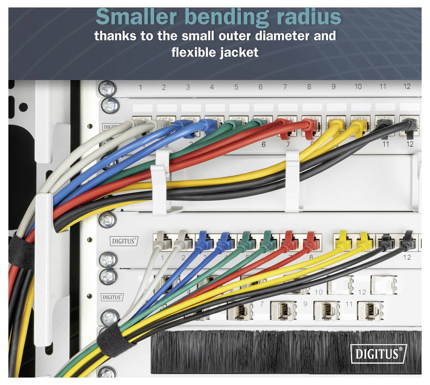 Ein Netzwerk-Patchpanel mit mehreren farbigen Kabeln verbunden, wobei der Fokus auf einem kleineren BiegeRadius und Flexibilität für effizientes Management liegt.