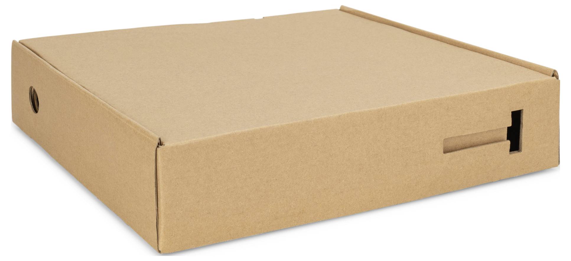 Eine braune, flache, geschlossene Pizzaschachtel mit einer Lasche an der Seite, die eine quadratische Form und typische Verpackung für die Pizzalieferung anzeigt.