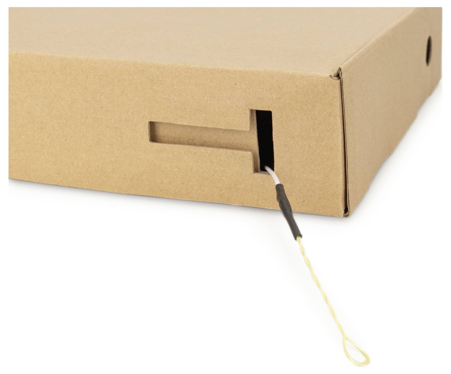 Eine Pappschachtel mit einer gelochten Lasche, die teilweise geöffnet ist und eine Schnur oder einen Griff offenlegt, was auf einen einfachen Öffnungszugang hindeutet.