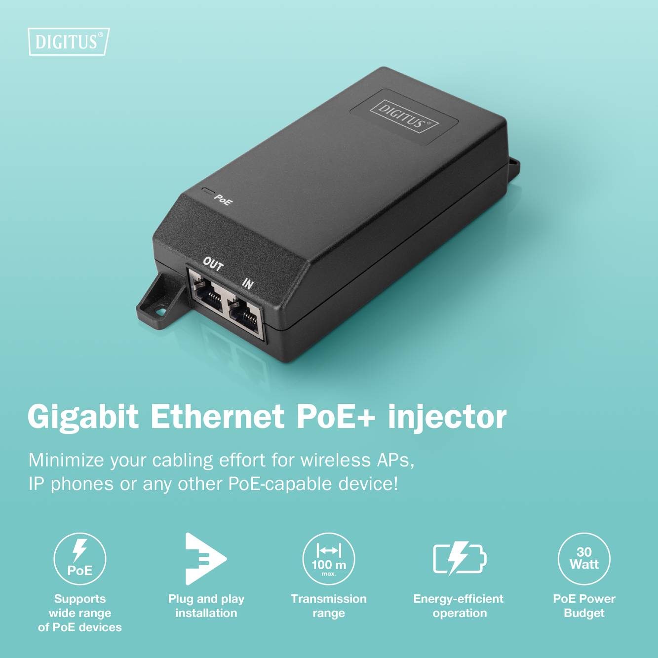 Digitus Gigabit Ethernet PoE+ Injektor und seine Verwendungsmöglichkeiten werden hervorgehoben, mit Symbolen für Stromversorgung, Plug-and-Play und Effizienz.