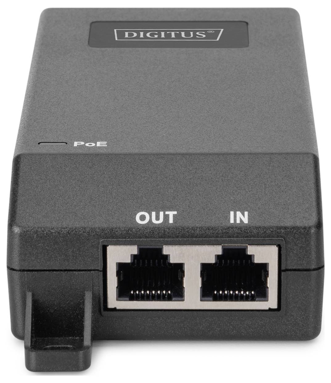 Ein Netzwerkgerät mit der Bezeichnung 'DIGITUS' mit zwei Ethernet-Anschlüssen, die als 'OUT' und 'IN' gekennzeichnet sind und für Power over Ethernet (PoE)-Verbindungen verwendet werden.