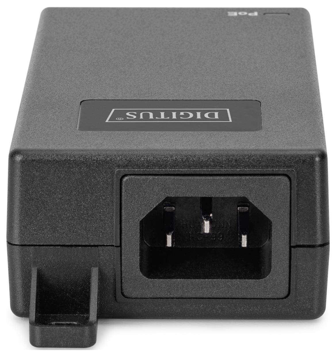 Ein schwarzer Power over Ethernet (PoE) Adapter mit einem sichtbaren Herstelleretikett auf der Oberseite.