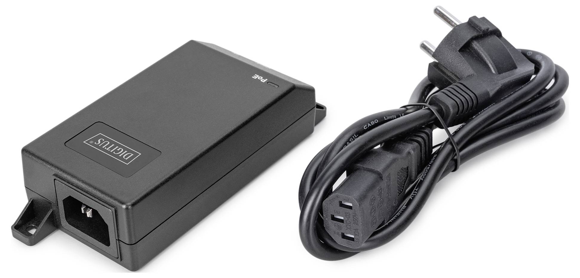 Ein schwarzer elektronischer Netzadapter mit angeschlossenem Netzkabel, neben einem Zweipolstecker-Kabel für elektrische Geräte platziert.