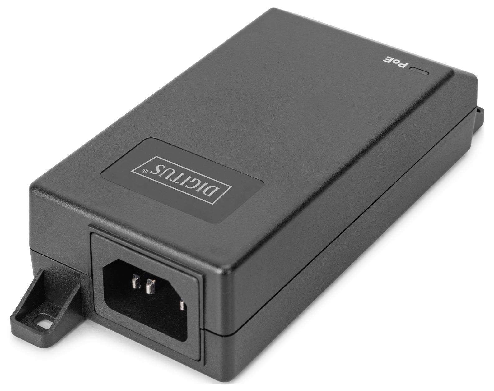 Ein schwarzer PoE-Injektor (Power over Ethernet) mit einem 'DigiTUS'-Logo auf der Oberseite und einer Eingangsbuchse an einem Ende.