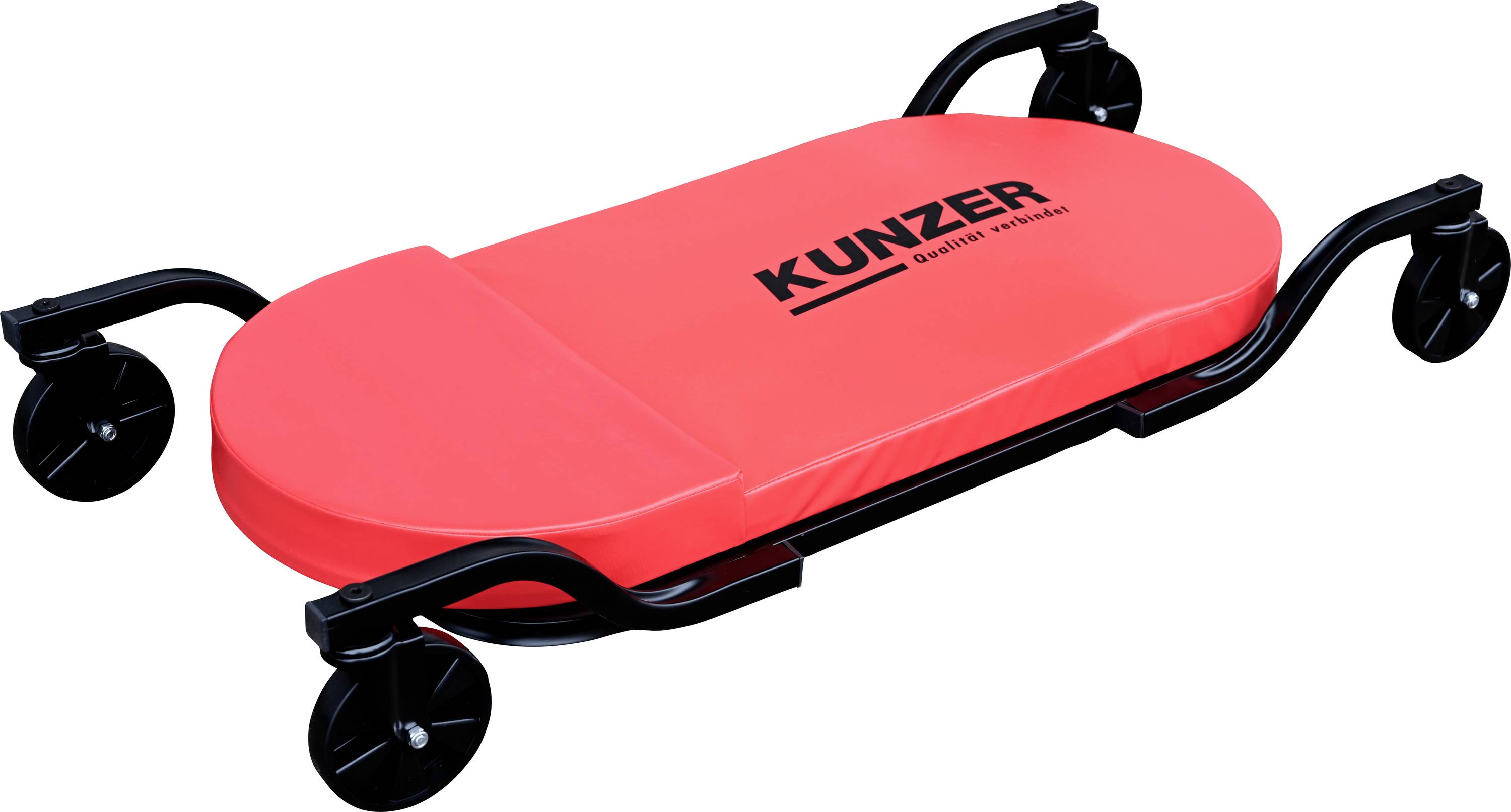 Rote Mechaniker-Rollbrett der Marke 'Kunzer' mit schwarzem Rahmen und vier schwarzen Lenkrollen für gute Mobilität. Geeignet für Arbeiten unter Fahrzeugen.